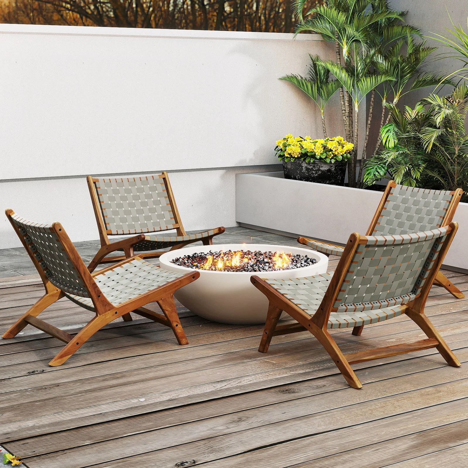 Patio Teak Wood Chair Outdoor Mid-Century Accent Chair with Nylon Webbing Seat - Image 6