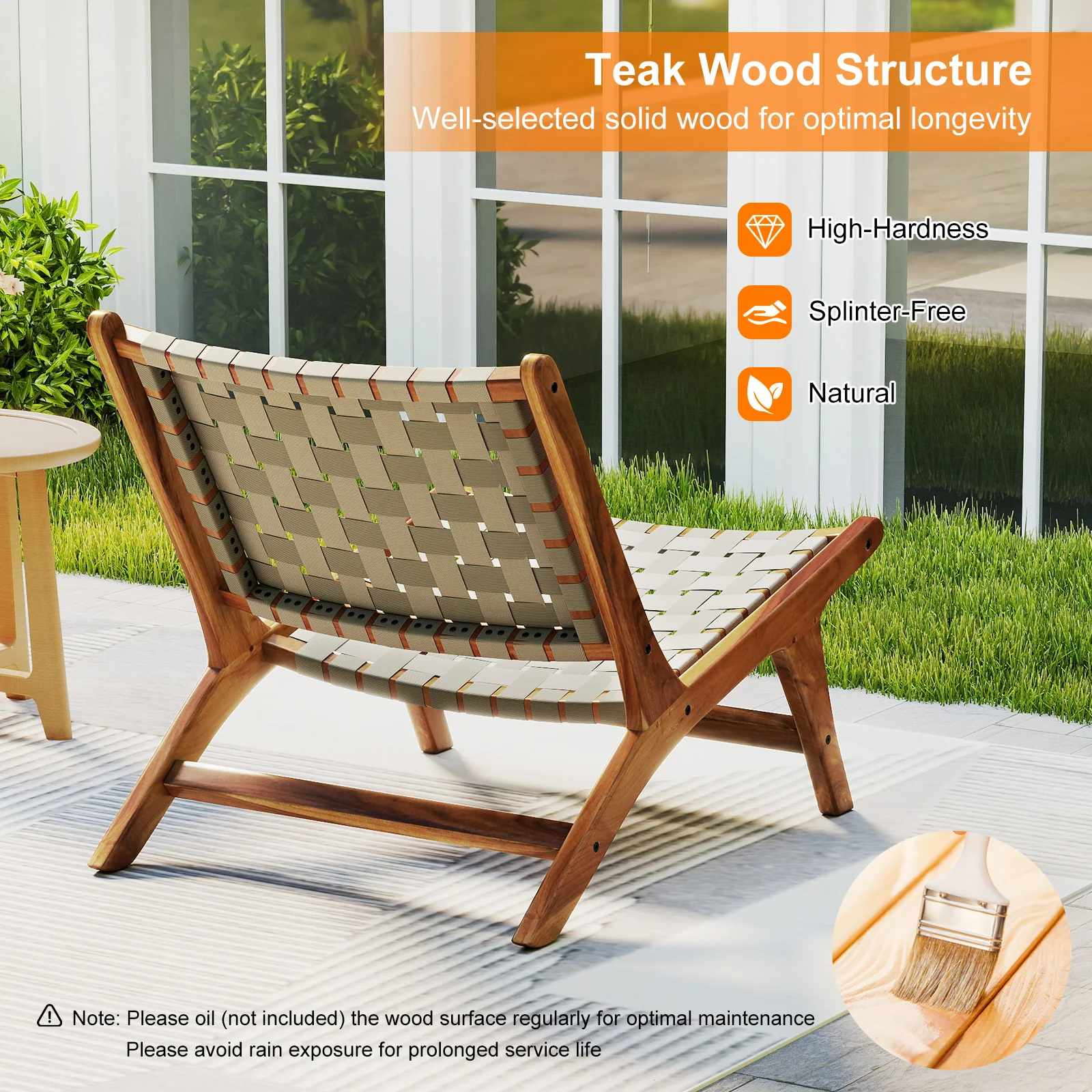 Patio Teak Wood Chair Outdoor Mid-Century Accent Chair with Nylon Webbing Seat - Image 7