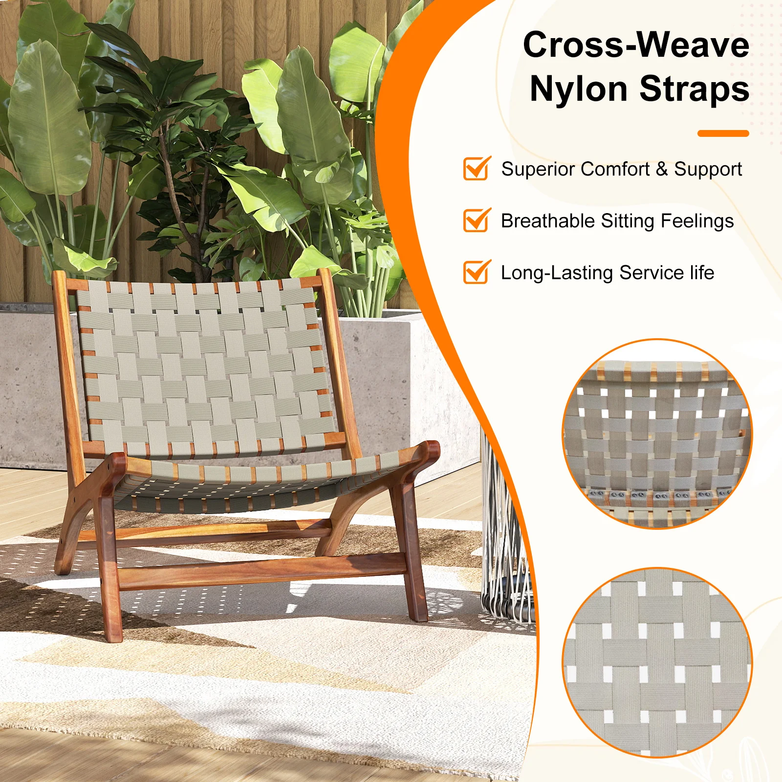 Patio Teak Wood Chair Outdoor Mid-Century Accent Chair with Nylon Webbing Seat - Image 8
