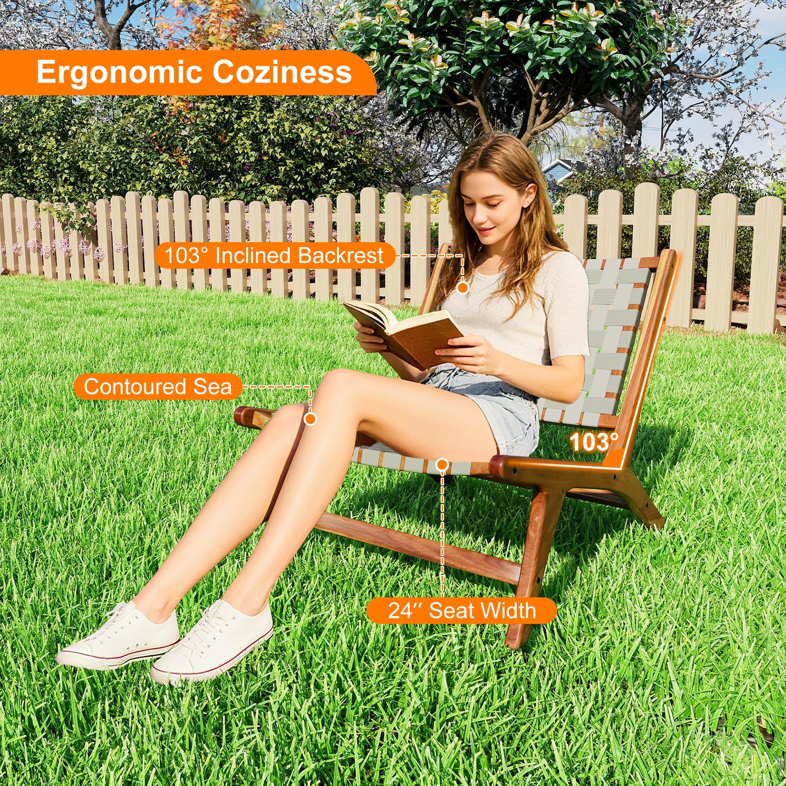 Patio Teak Wood Chair Outdoor Mid-Century Accent Chair with Nylon Webbing Seat - Image 9