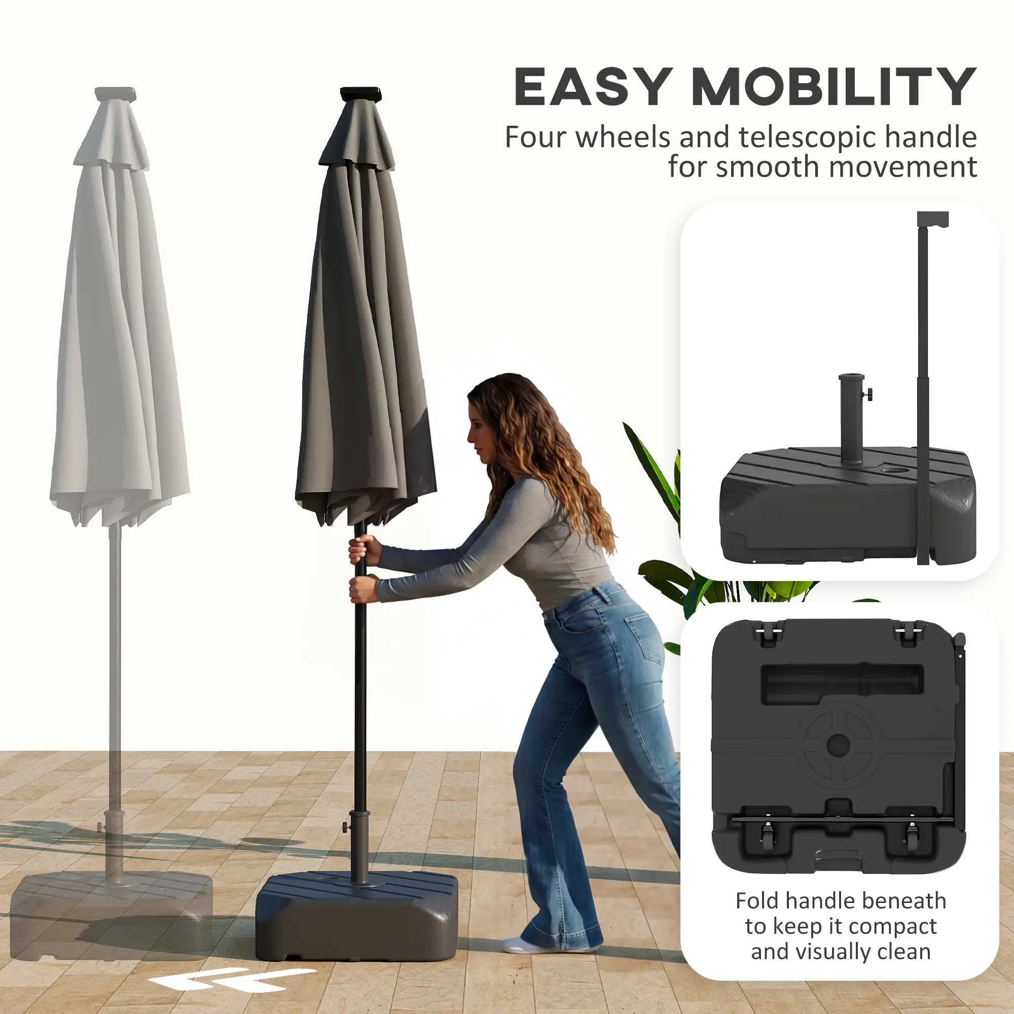 Patio Umbrella Base With Wheels, Telescopic Handle, 158 Lb Stand, Black - Image 4