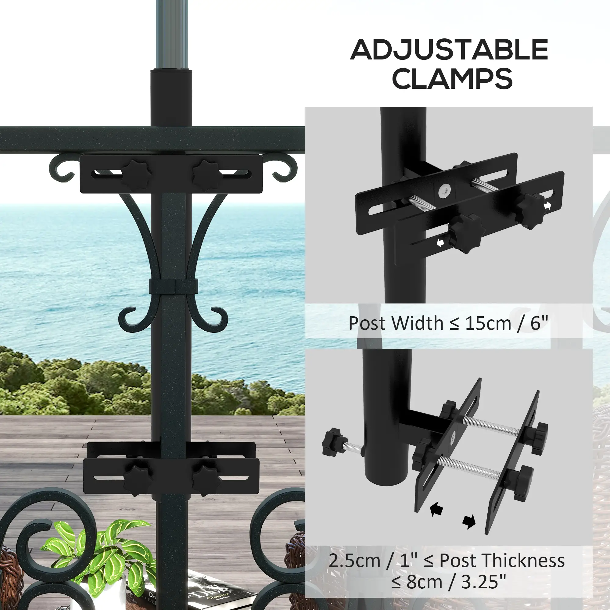 Patio Umbrella Holder Stand, Deck Railing Mount Bracket, Adjustable Clamps, Black - Image 4