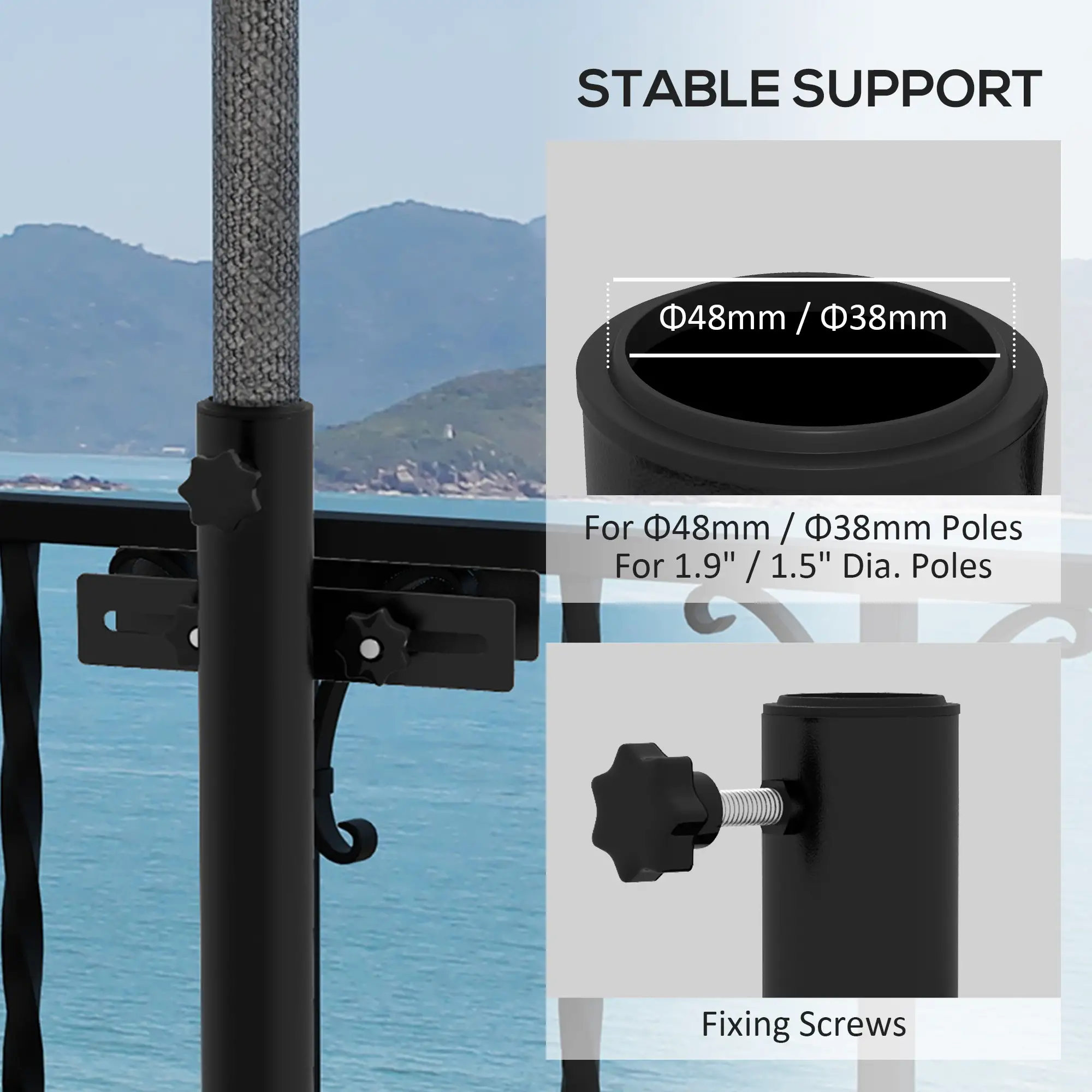 Patio Umbrella Holder Stand, Deck Railing Mount Bracket, Adjustable Clamps, Black - Image 5