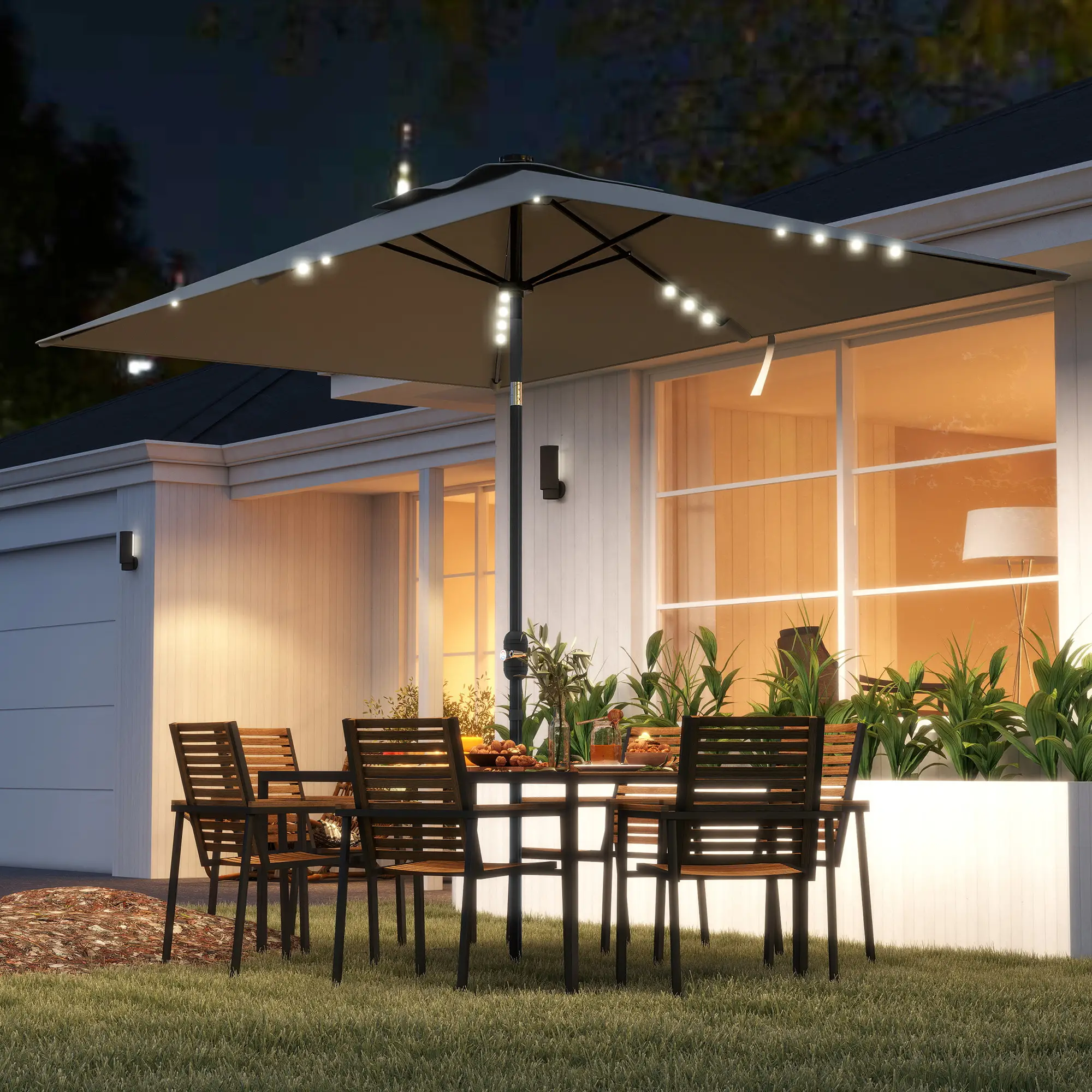 Patio Umbrella with 22 LED Solar Lights, Tilt, Light Grey - Image 2