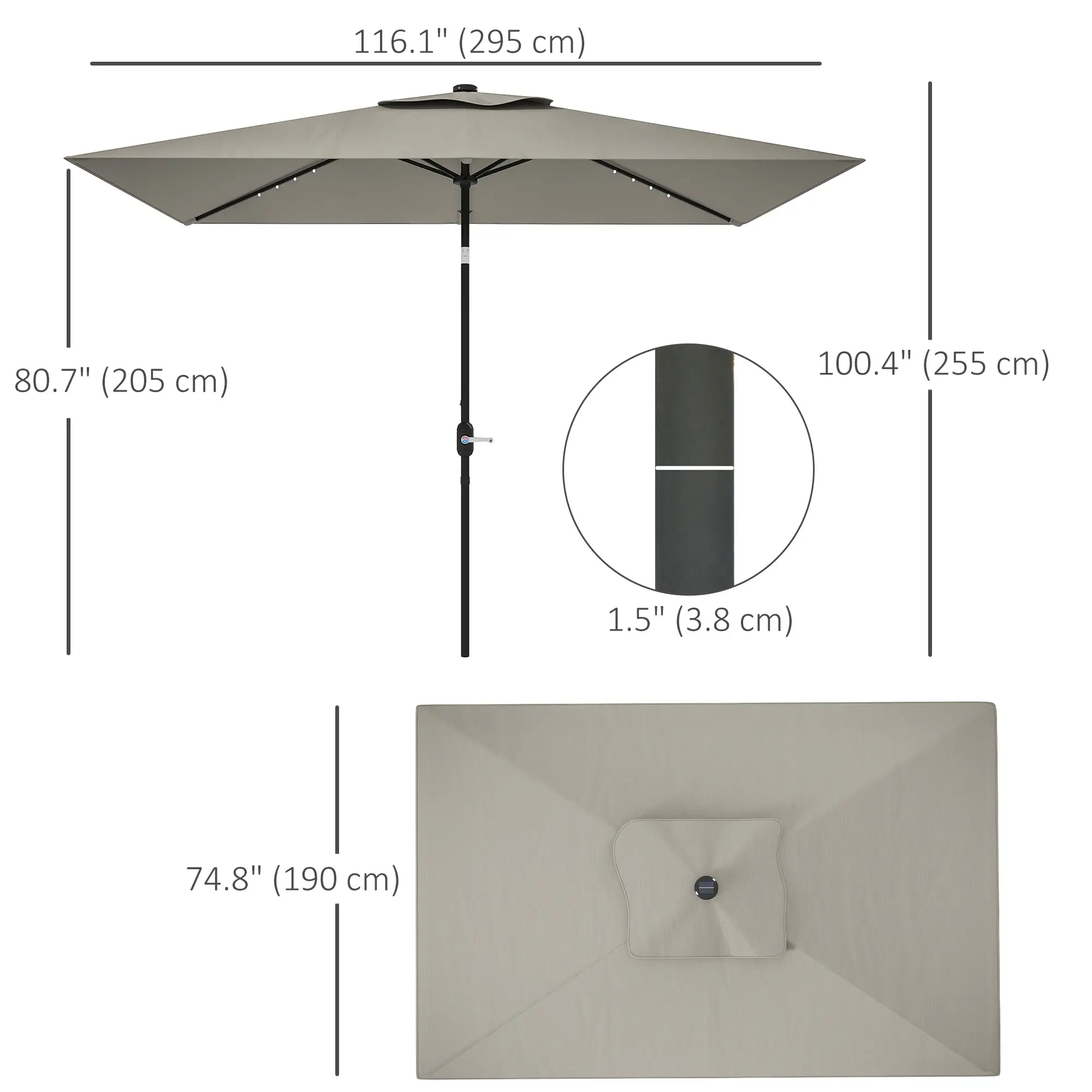 Patio Umbrella with 22 LED Solar Lights, Tilt, Light Grey - Image 3