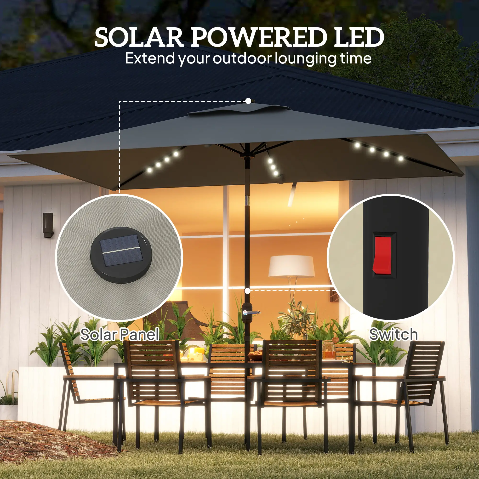 Patio Umbrella with 22 LED Solar Lights, Tilt, Light Grey - Image 4