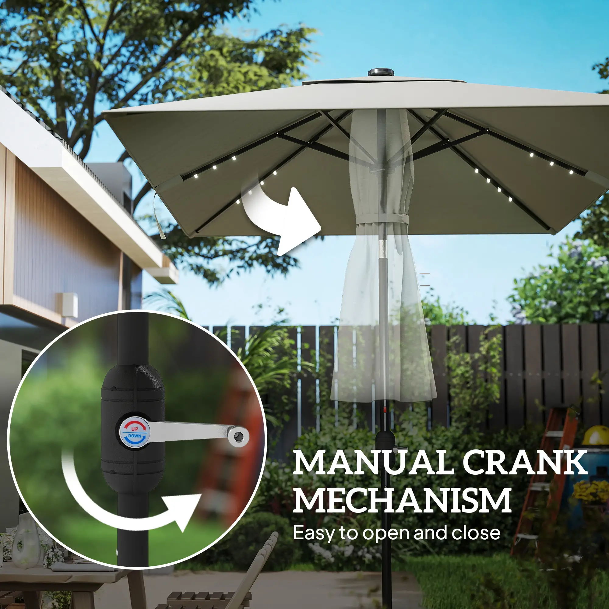 Patio Umbrella with 22 LED Solar Lights, Tilt, Light Grey - Image 7