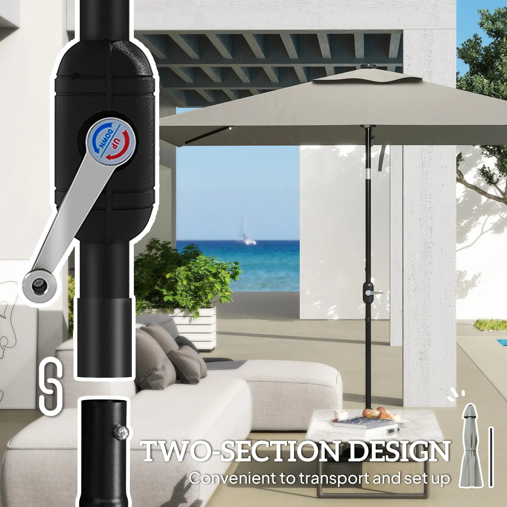 Patio Umbrella with 22 LED Solar Lights, Tilt, Light Grey - Image 9