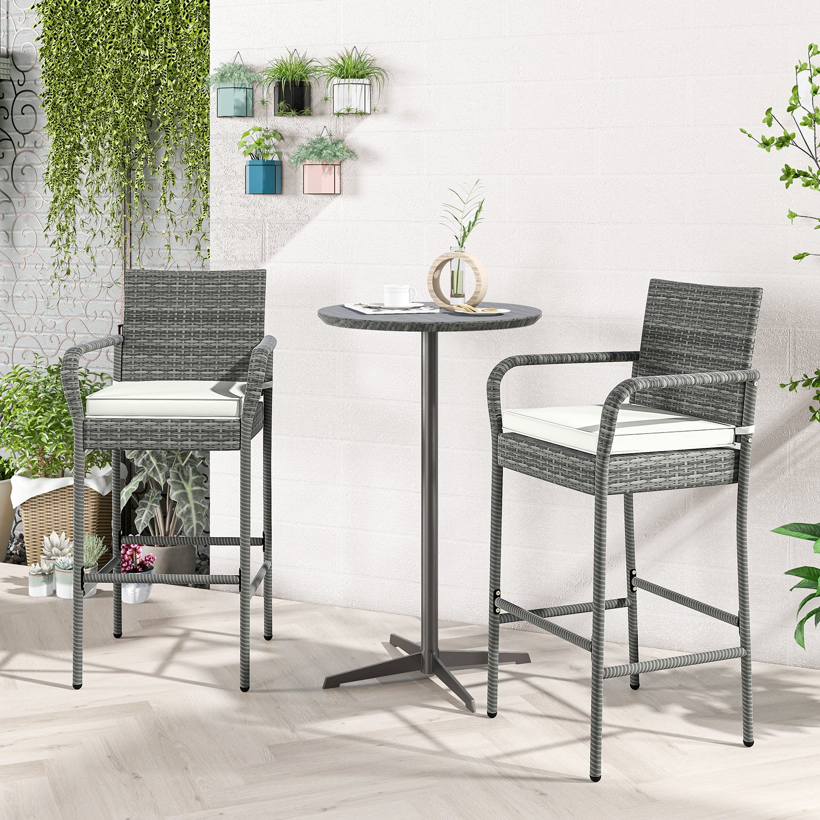 Patio Wicker Barstools With Armrests, Soft Cushions, Set Of 2, Gray - Image 3