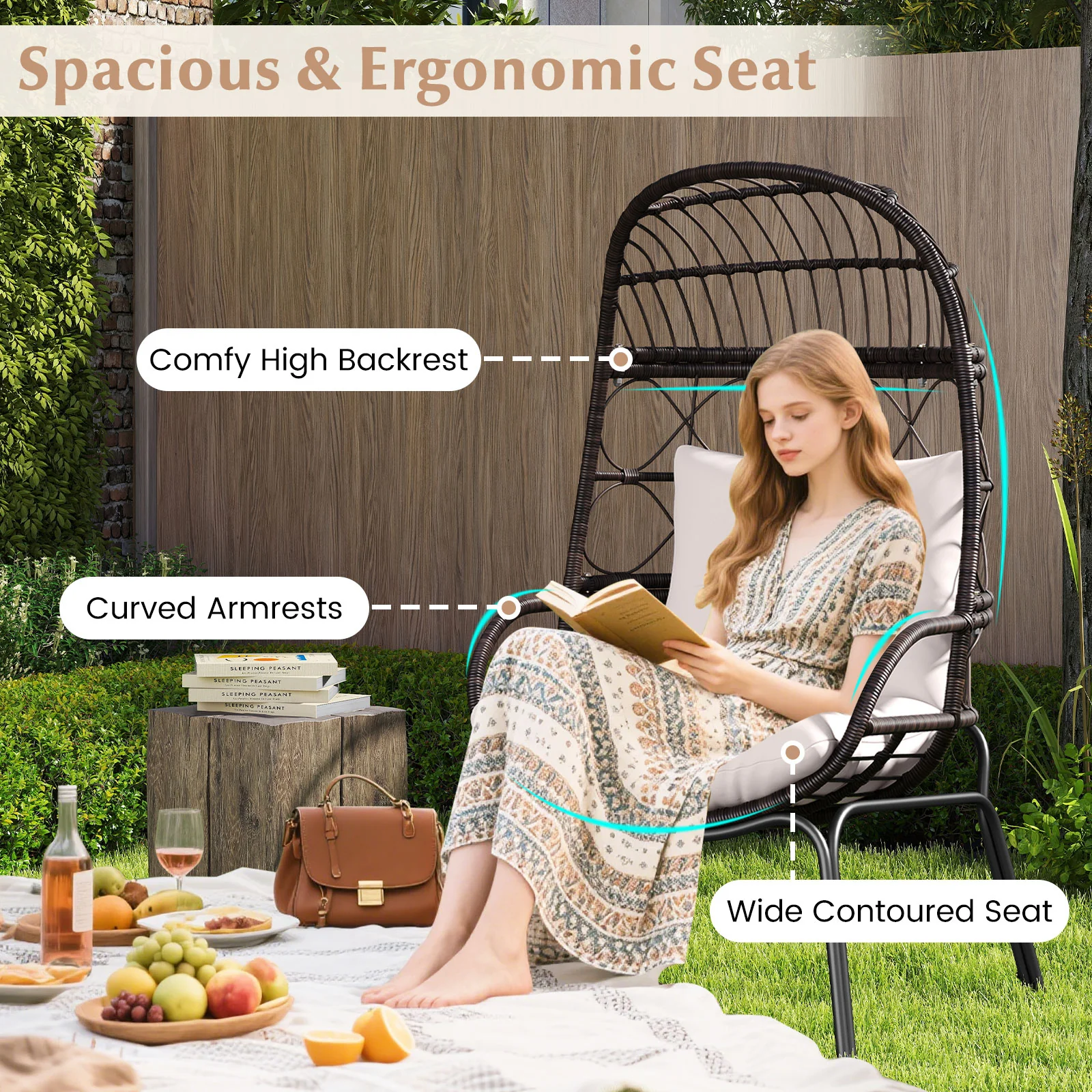 Patio Wicker Egg Chair, Rattan Lounge Basket With Cushions, Brown - Image 9