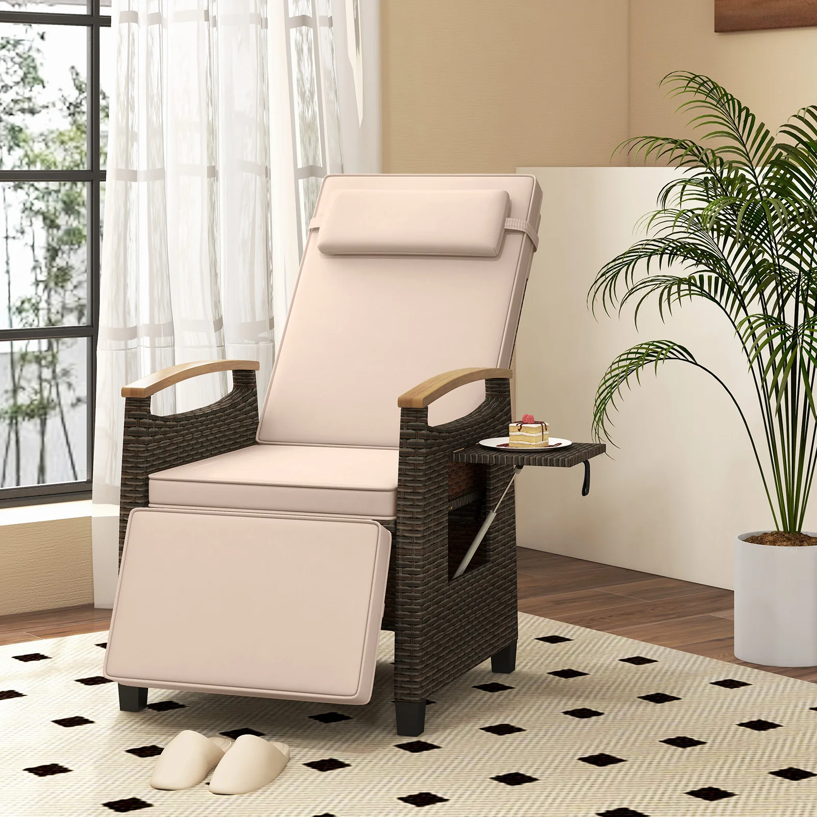 Patio Wicker Recliner Chair with Adjustable Backrest and Footrest, Brown - Image 2