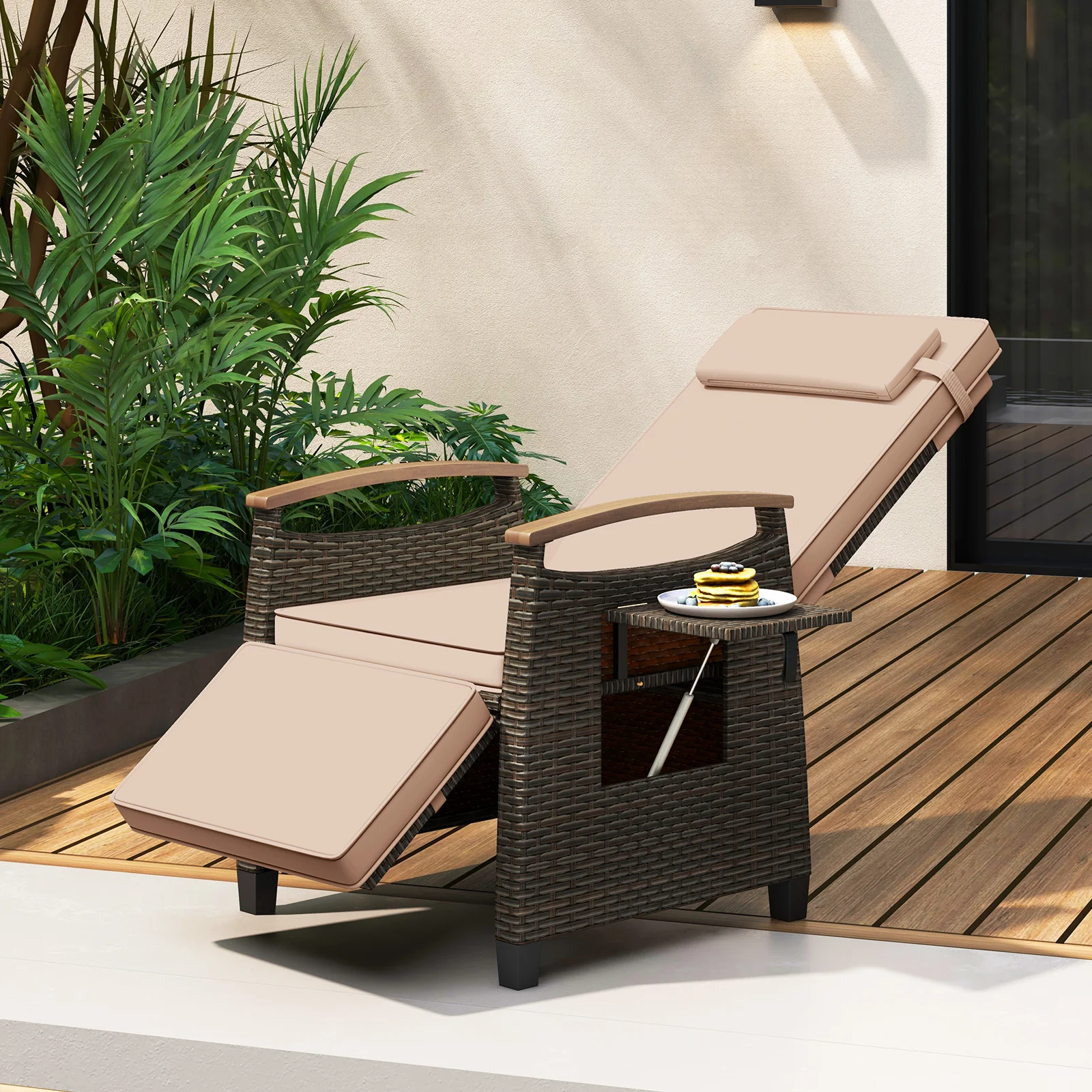 Patio Wicker Recliner Chair with Adjustable Backrest and Footrest, Brown - Image 3