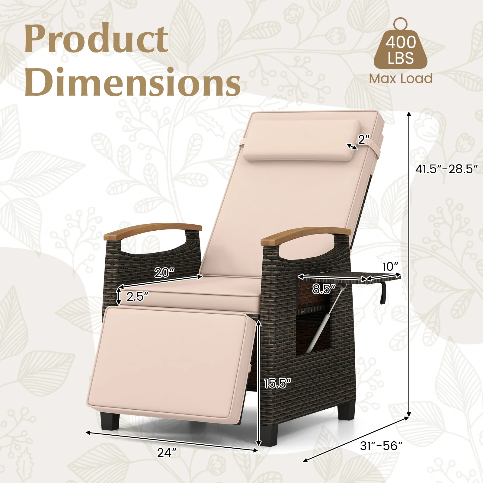 Patio Wicker Recliner Chair with Adjustable Backrest and Footrest, Brown - Image 5