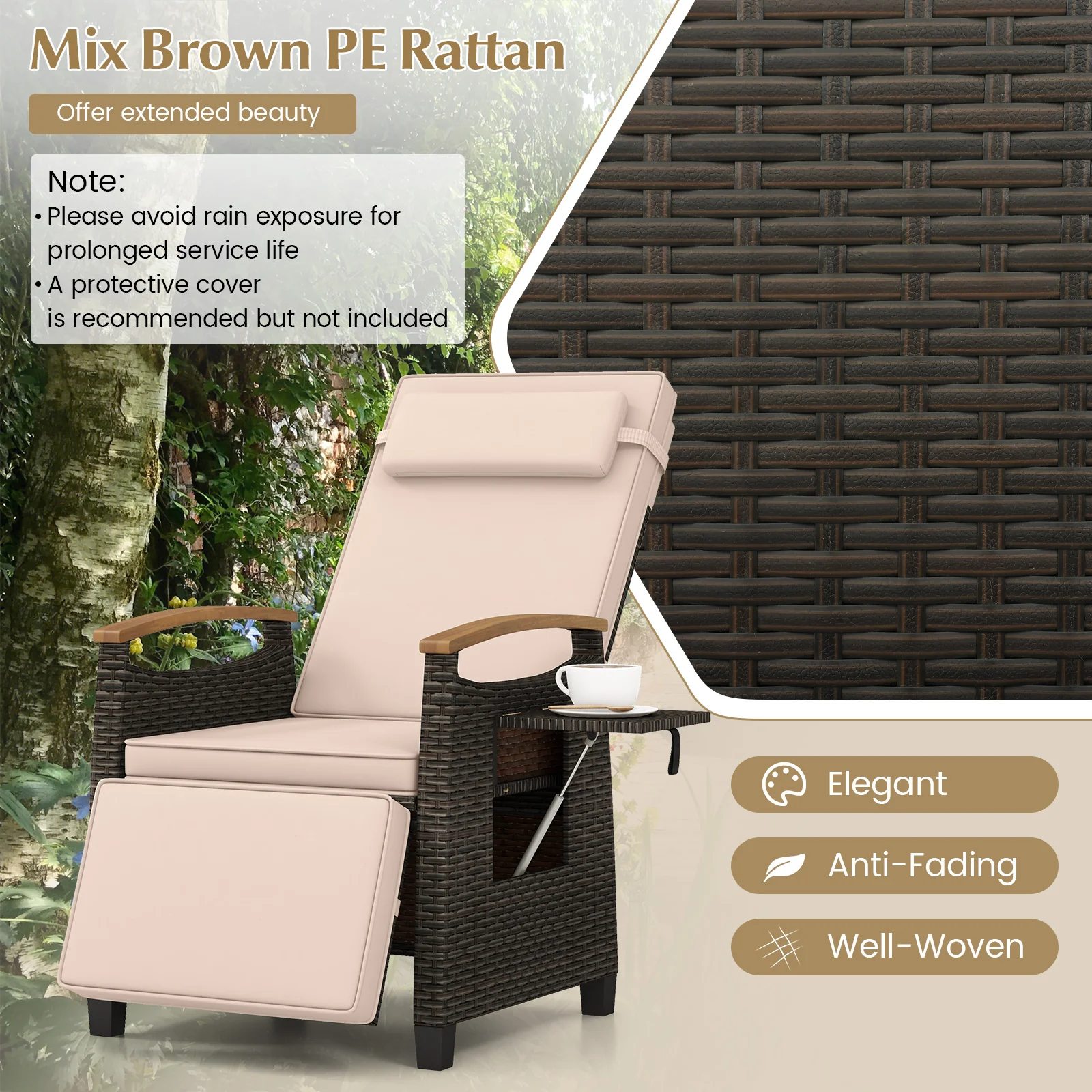 Patio Wicker Recliner Chair with Adjustable Backrest and Footrest, Brown - Image 7