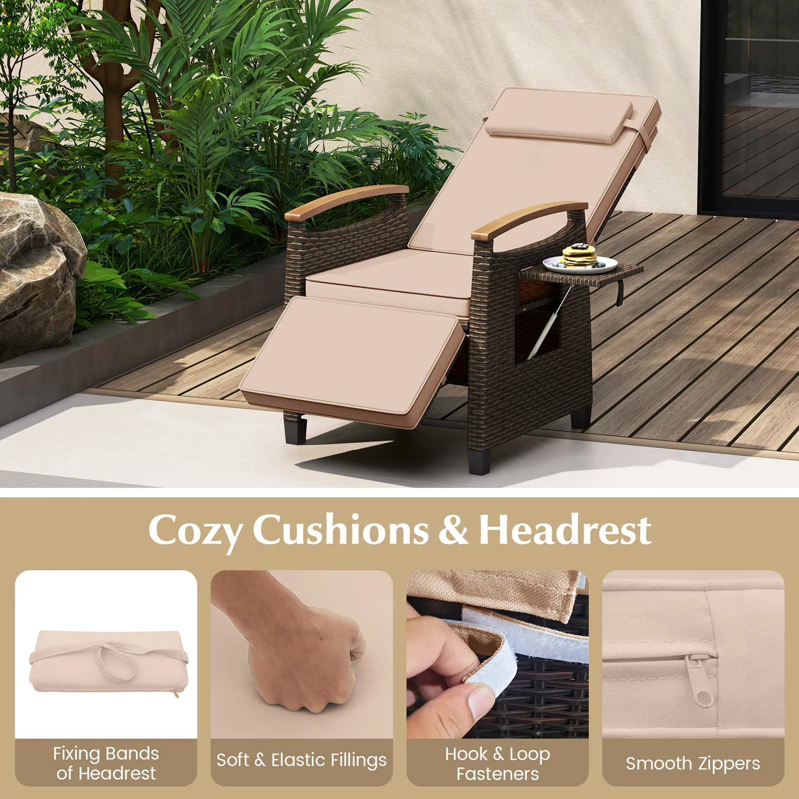 Patio Wicker Recliner Chair with Adjustable Backrest and Footrest, Brown - Image 8