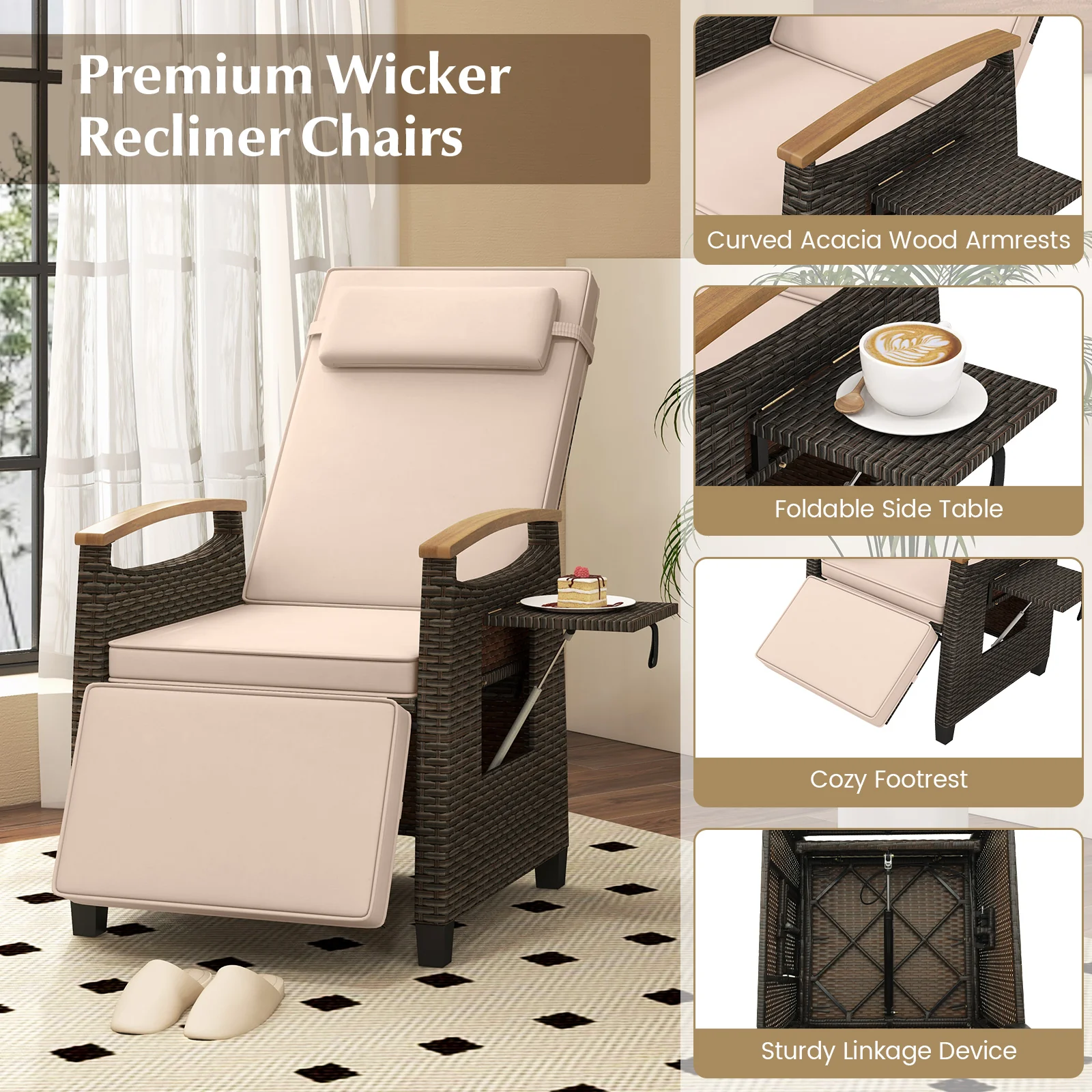 Patio Wicker Recliner Chair with Adjustable Backrest and Footrest, Brown - Image 9