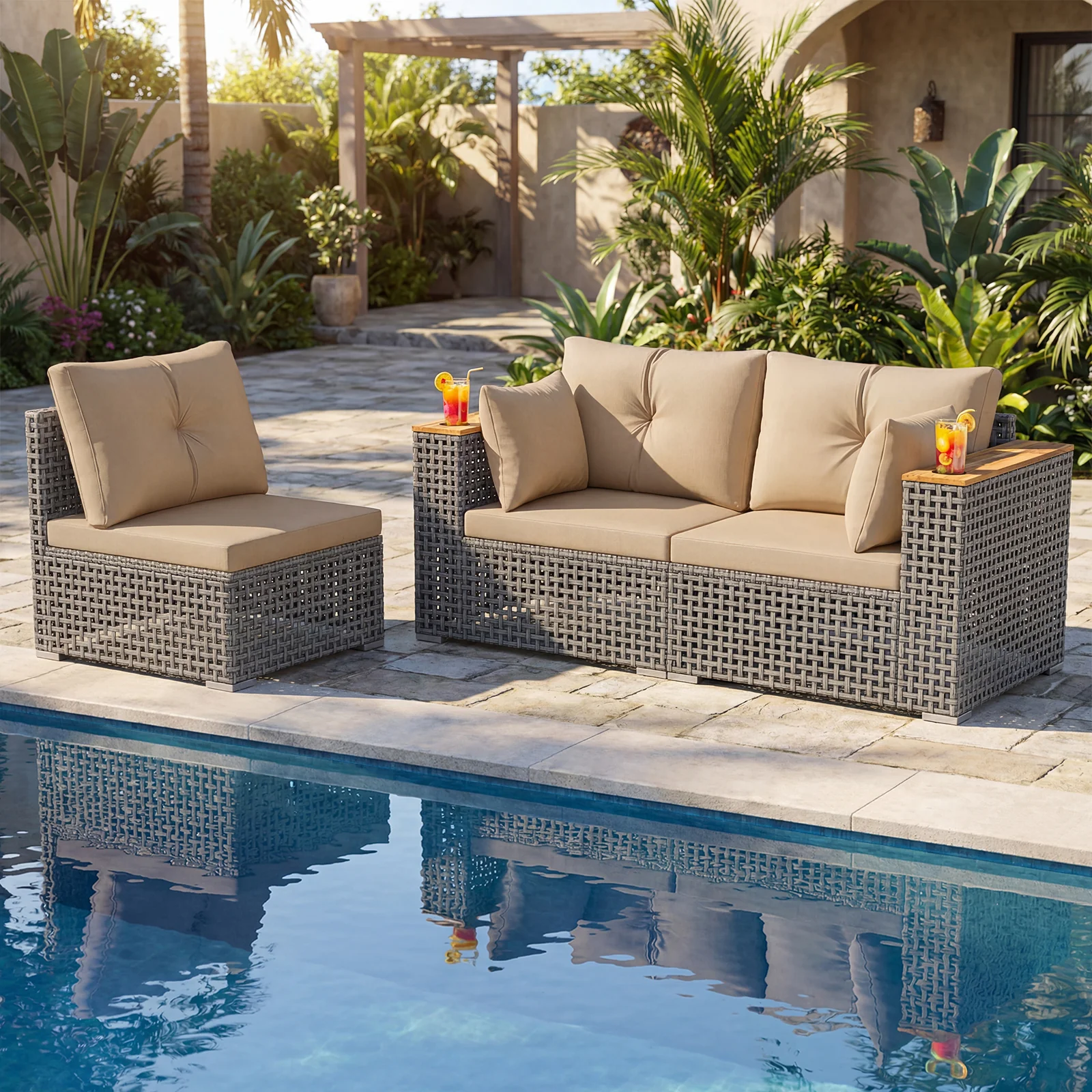 Patio Wicker Sectional Set, Armless & Corner Sofas, Beige - Image 2