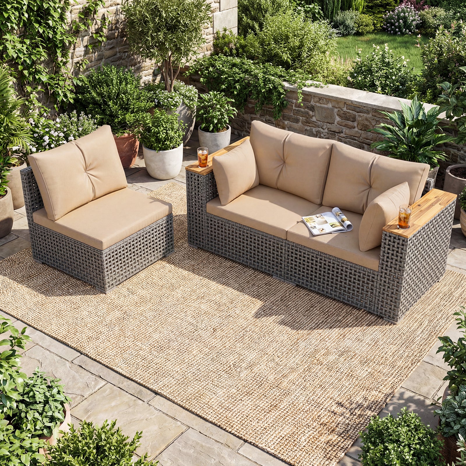 Patio Wicker Sectional Set, Armless & Corner Sofas, Beige - Image 3
