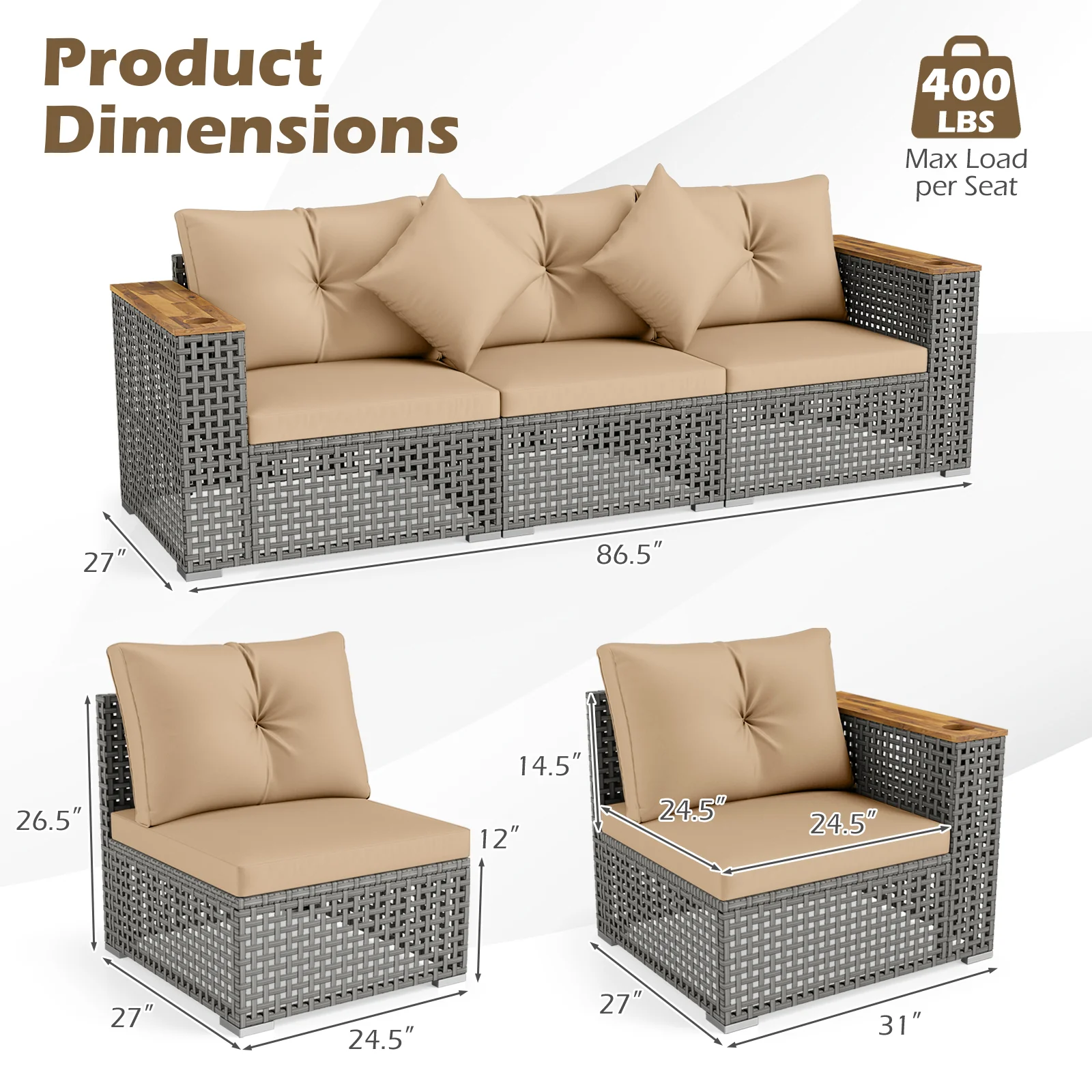 Patio Wicker Sectional Set, Armless & Corner Sofas, Beige - Image 5