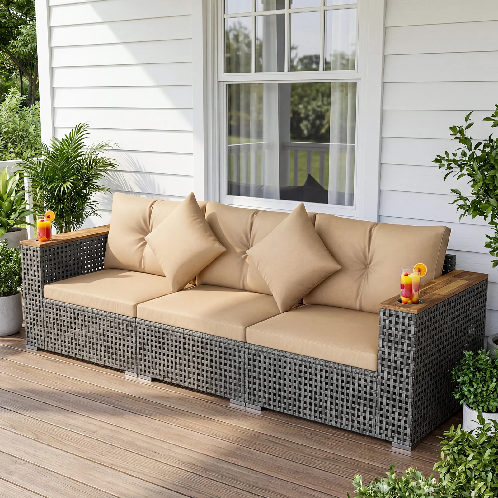 Patio Wicker Sectional Set, Armless & Corner Sofas, Beige - Image 6