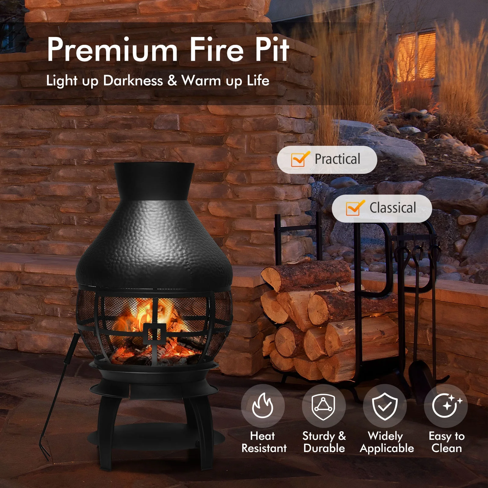 Patio Wood Burning Chimney Fireplace, Black - Image 3