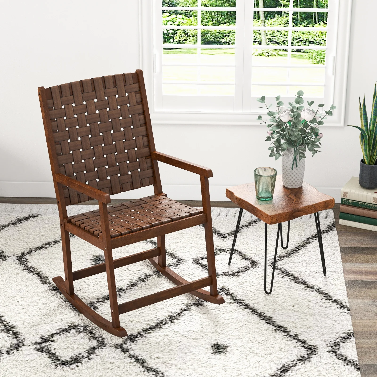 Patio Wood Rocking Chair, PU Seat, Rubber Wood Frame, Brown - Image 3