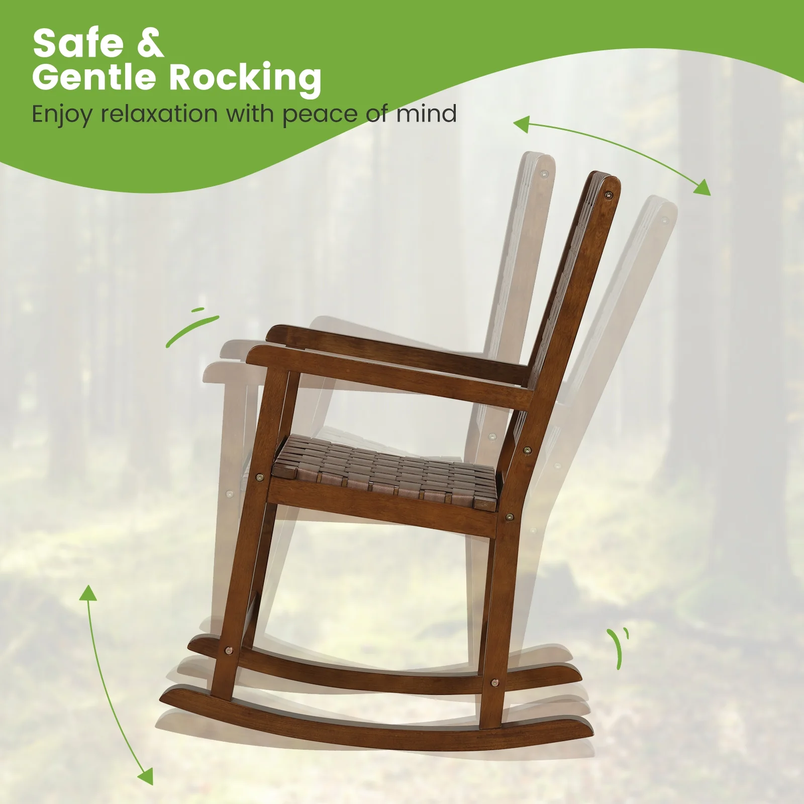 Patio Wood Rocking Chair, PU Seat, Rubber Wood Frame, Brown - Image 8