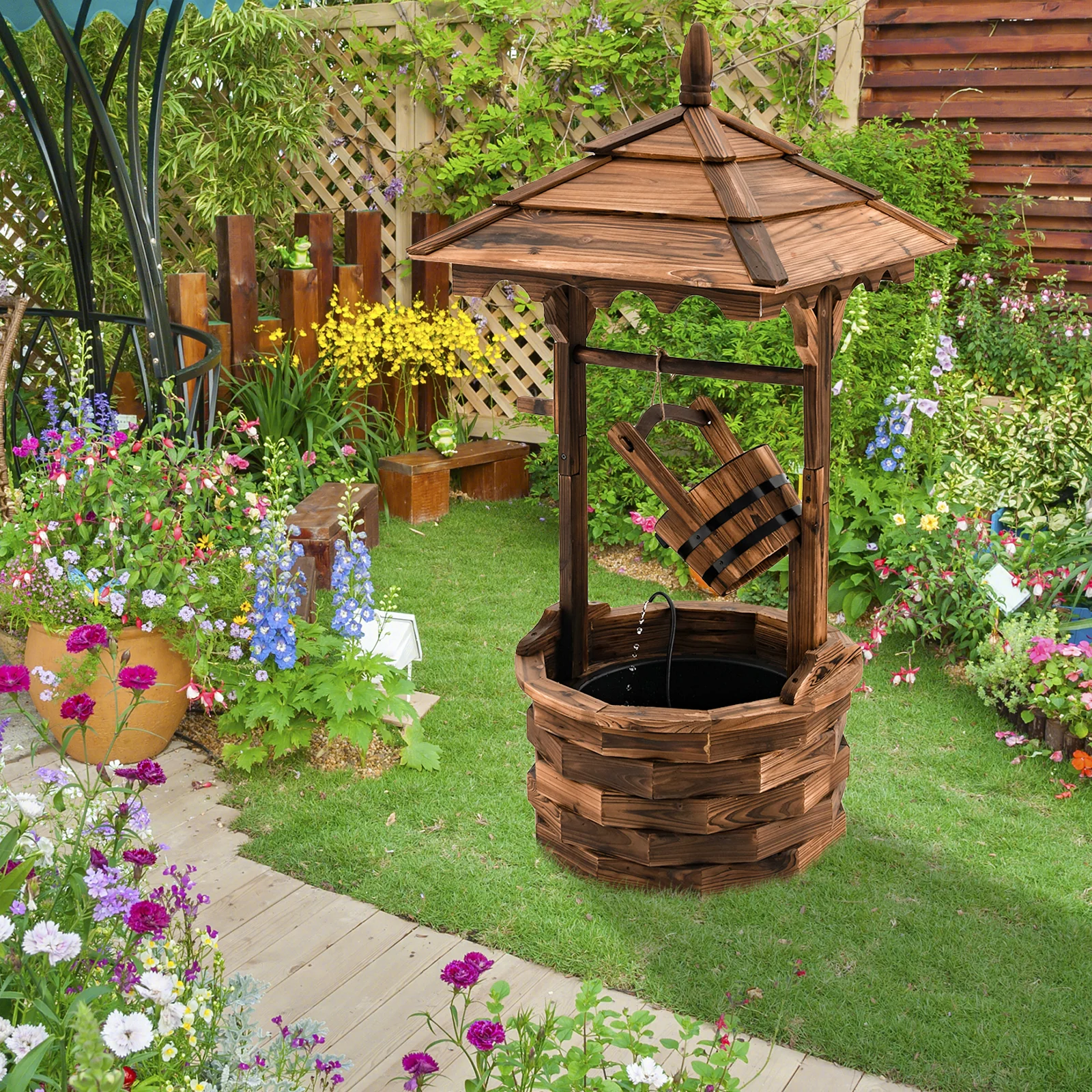 Patio Wooden Water Fountain With Electric Pump, Brown - Image 2