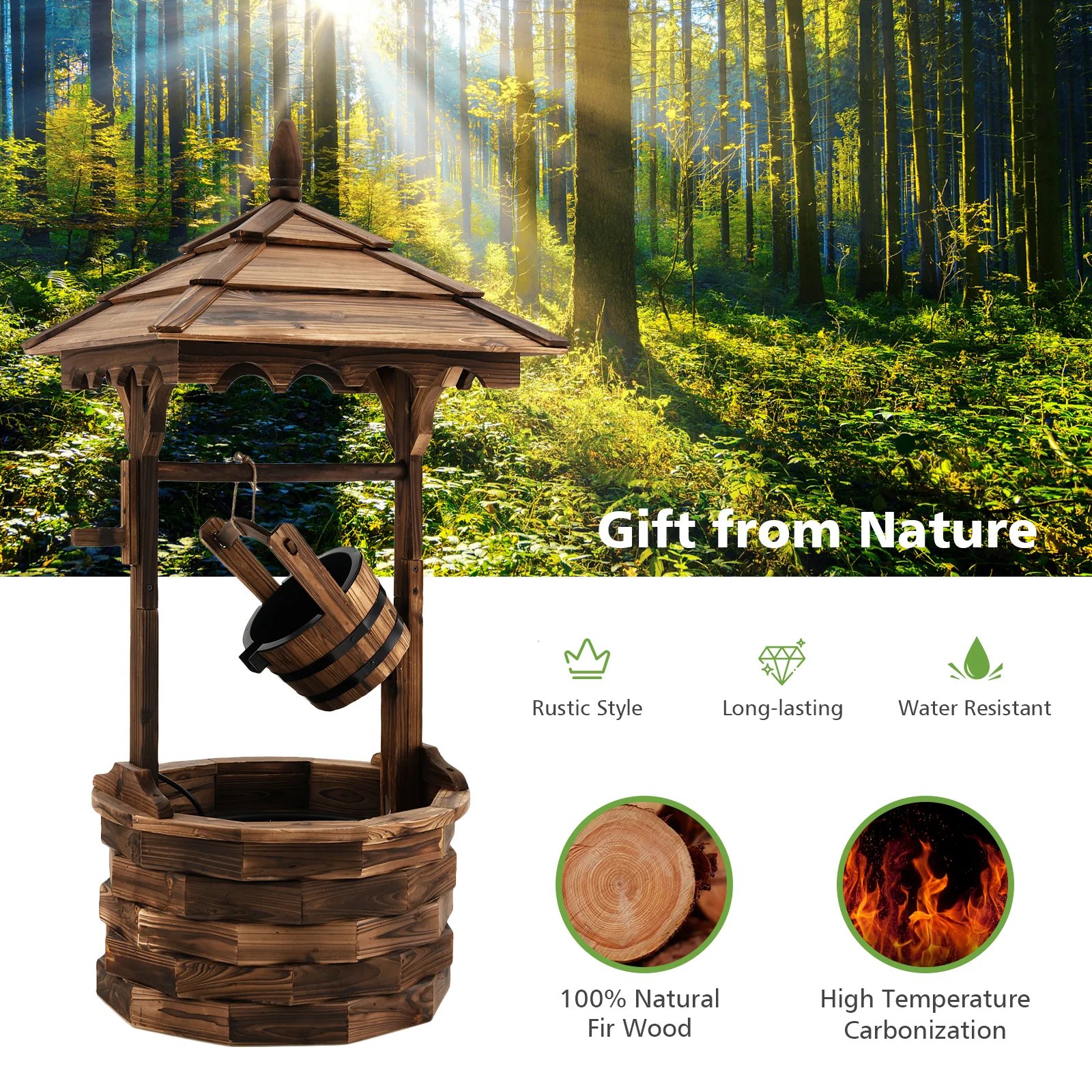Patio Wooden Water Fountain With Electric Pump, Brown - Image 7