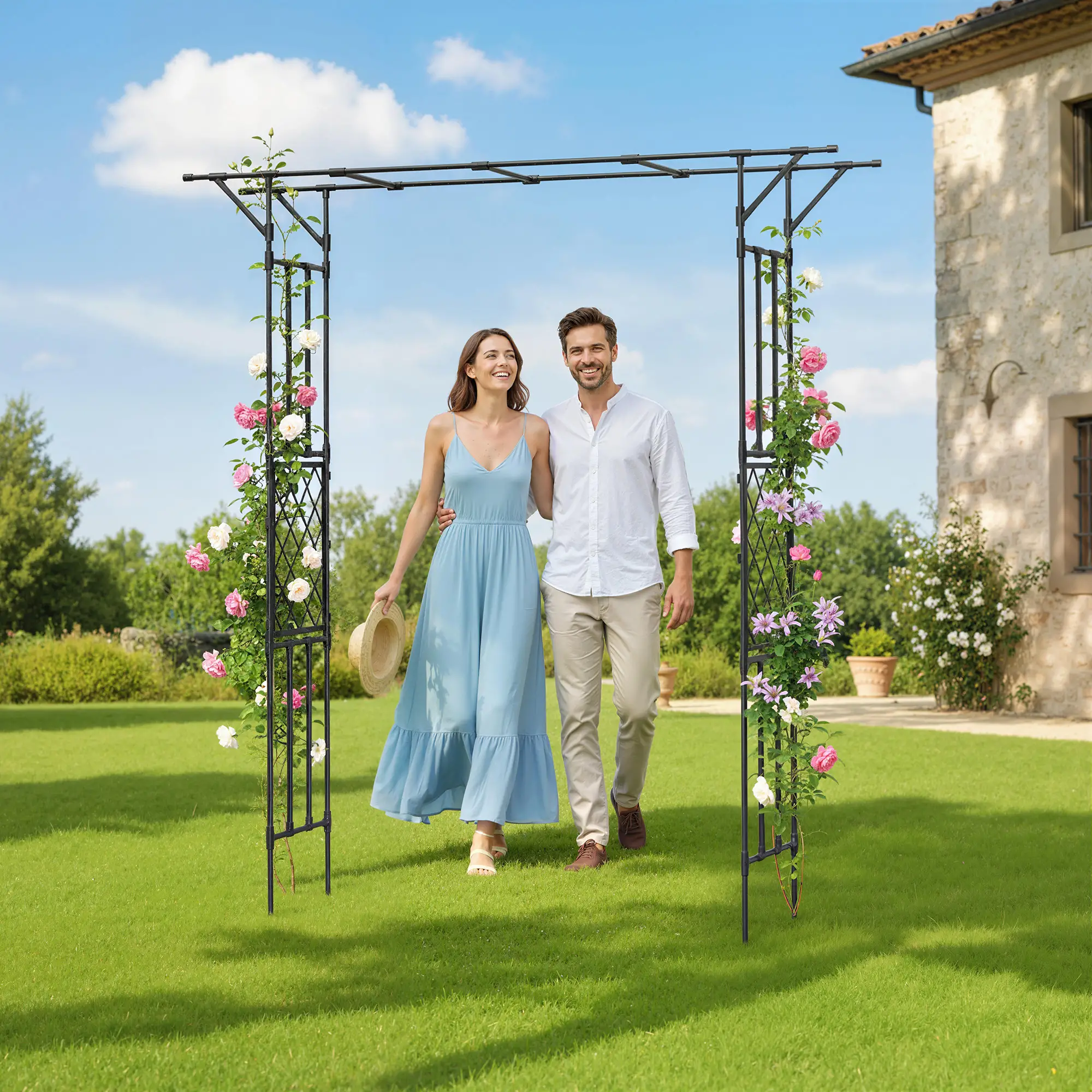 PE-Coated Steel Garden Arch Trellis, 70.9" x 15.7" x 84.6", Black - Image 9
