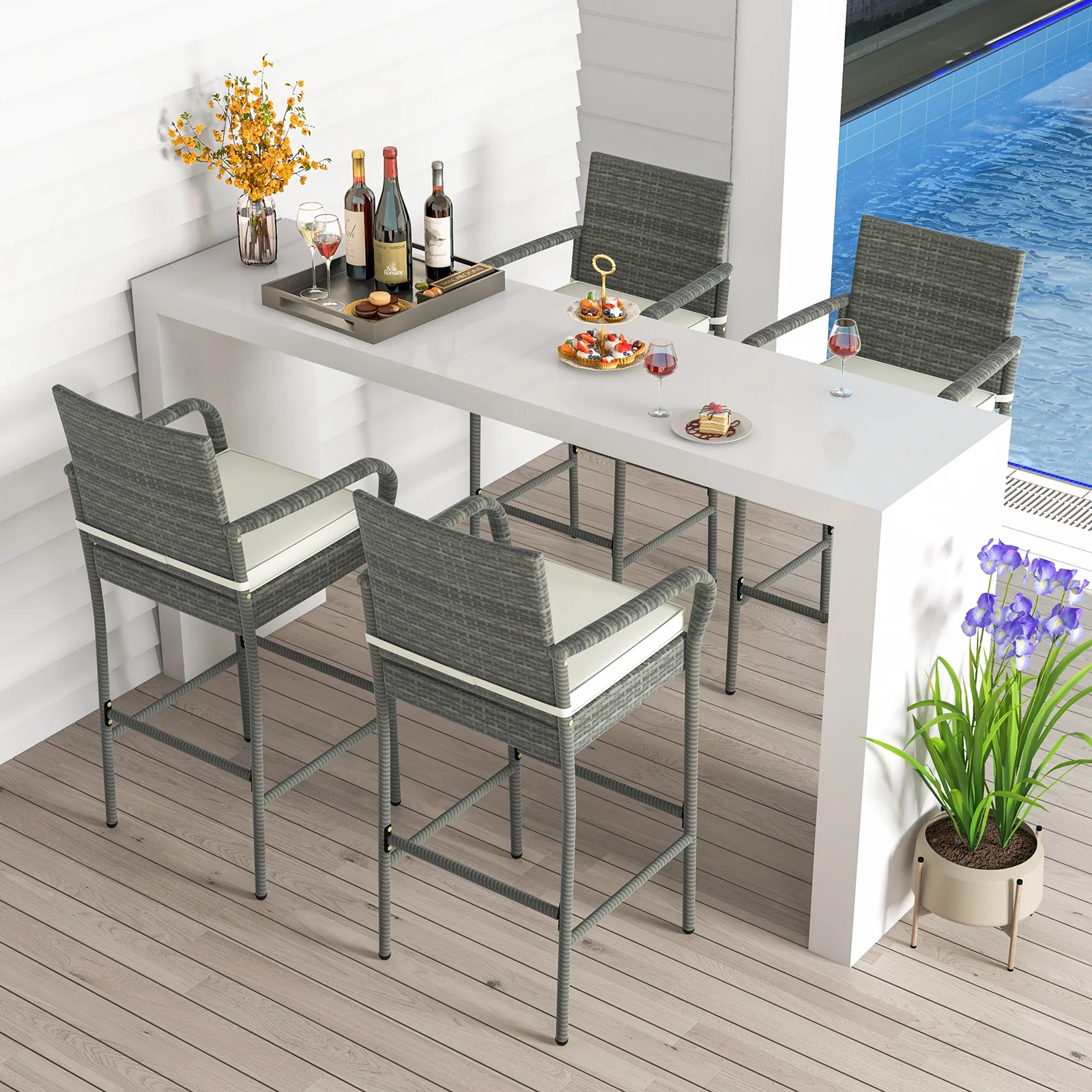 PE Rattan Bar Chairs Set Of 4, With Armrests And Cushions, Gray - Image 2