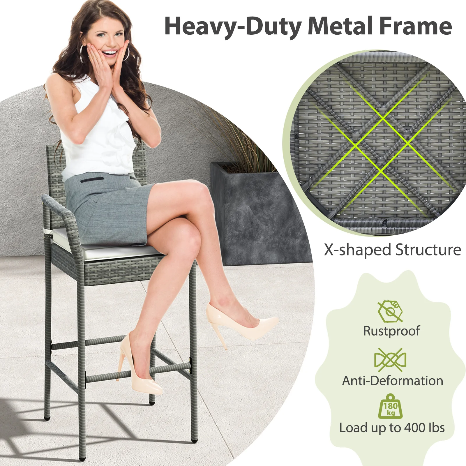 PE Rattan Bar Chairs Set Of 4, With Armrests And Cushions, Gray - Image 6
