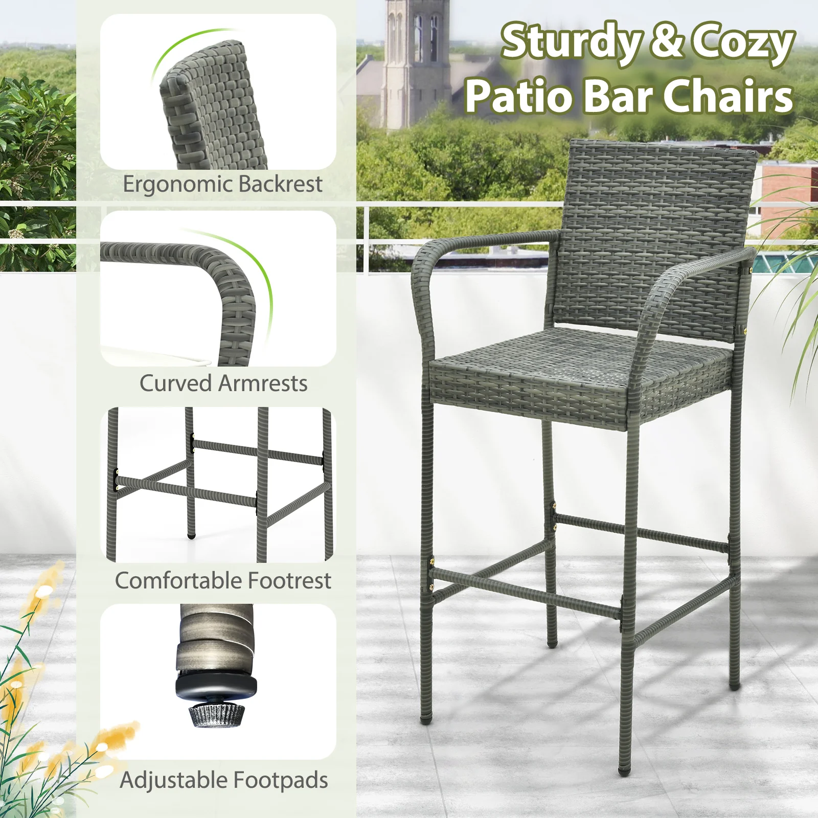 PE Rattan Bar Chairs Set Of 4, With Armrests And Cushions, Gray - Image 7