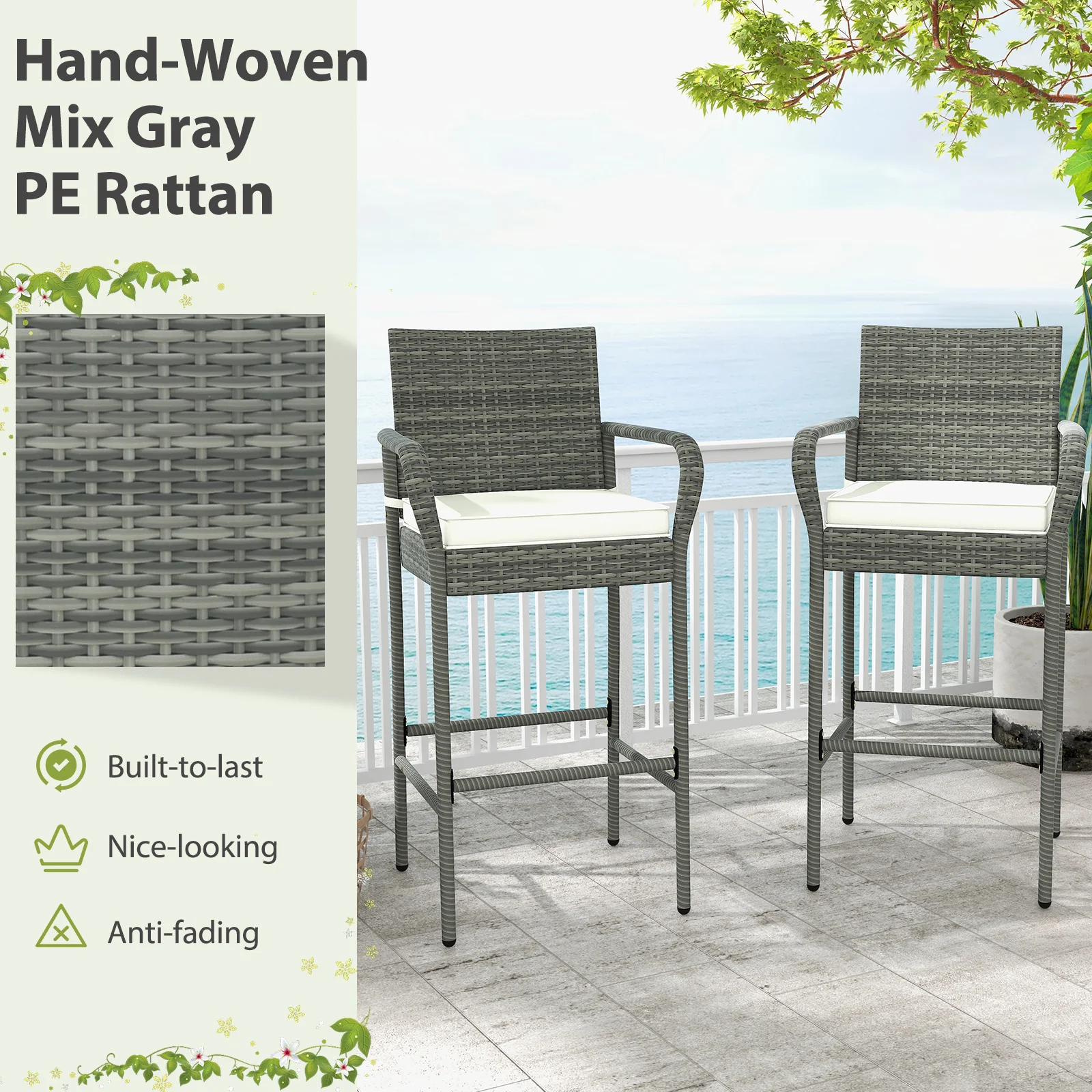 PE Rattan Bar Chairs Set Of 4, With Armrests And Cushions, Gray - Image 8