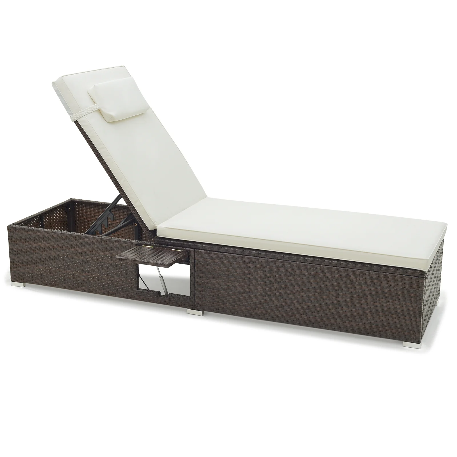 PE Rattan Chaise Lounge, 6-Level Backrest, Off White