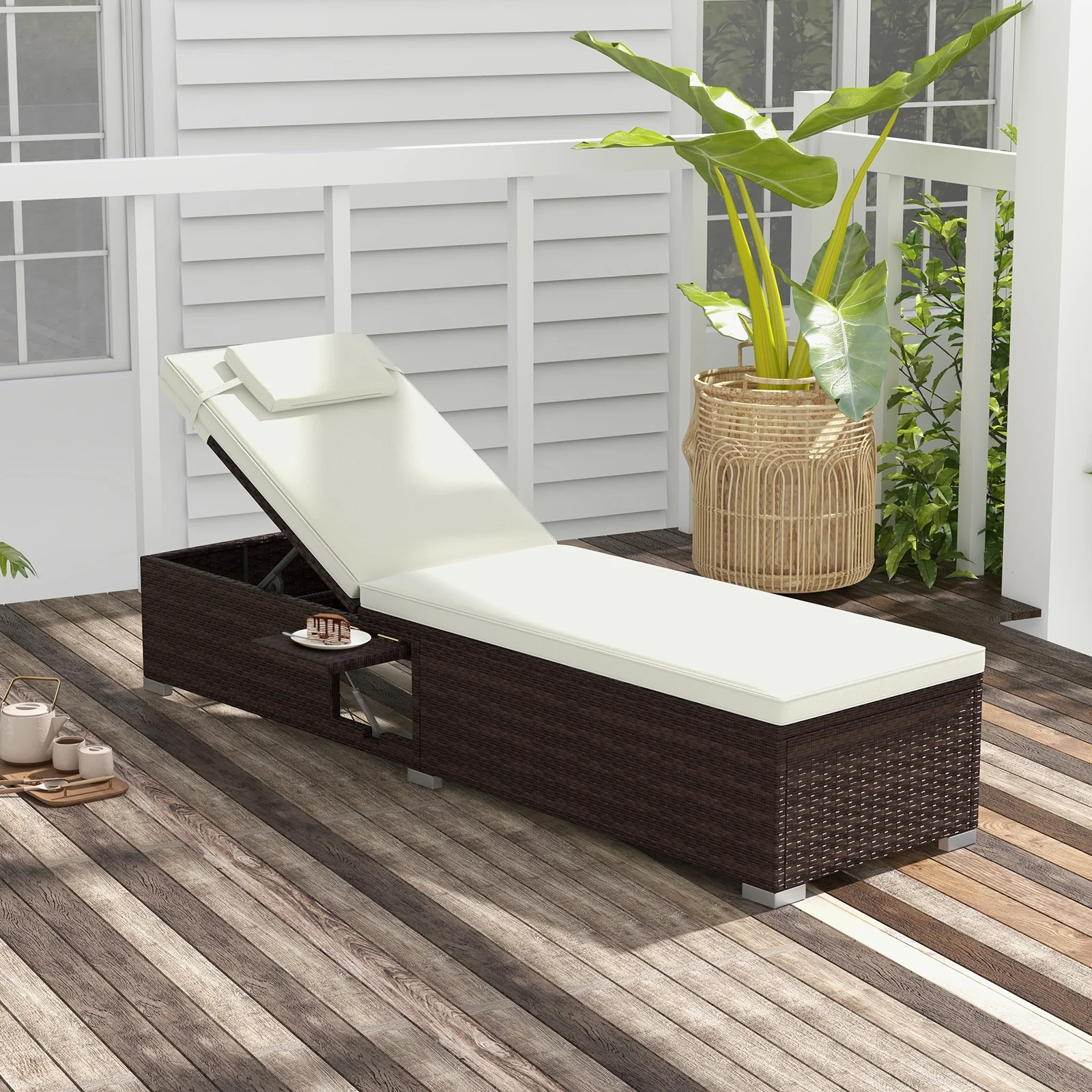 PE Rattan Chaise Lounge, 6-Level Backrest, Off White - Image 2