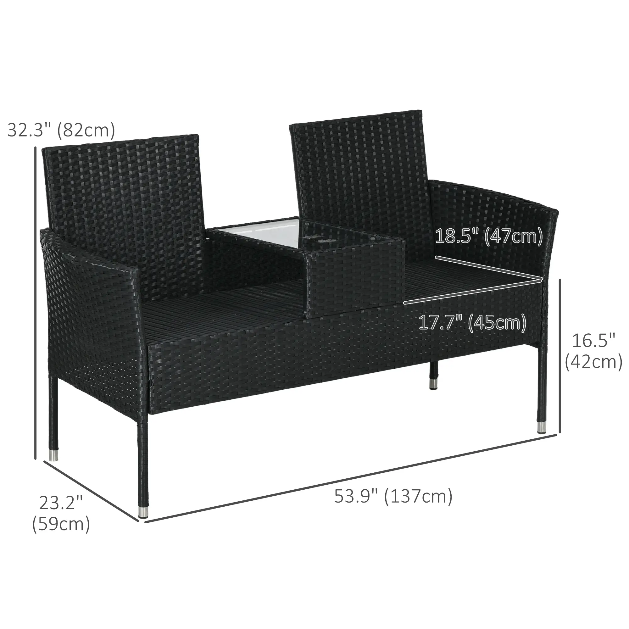 PE Rattan Loveseat with Cushion, Mid-Table, Black - Image 3