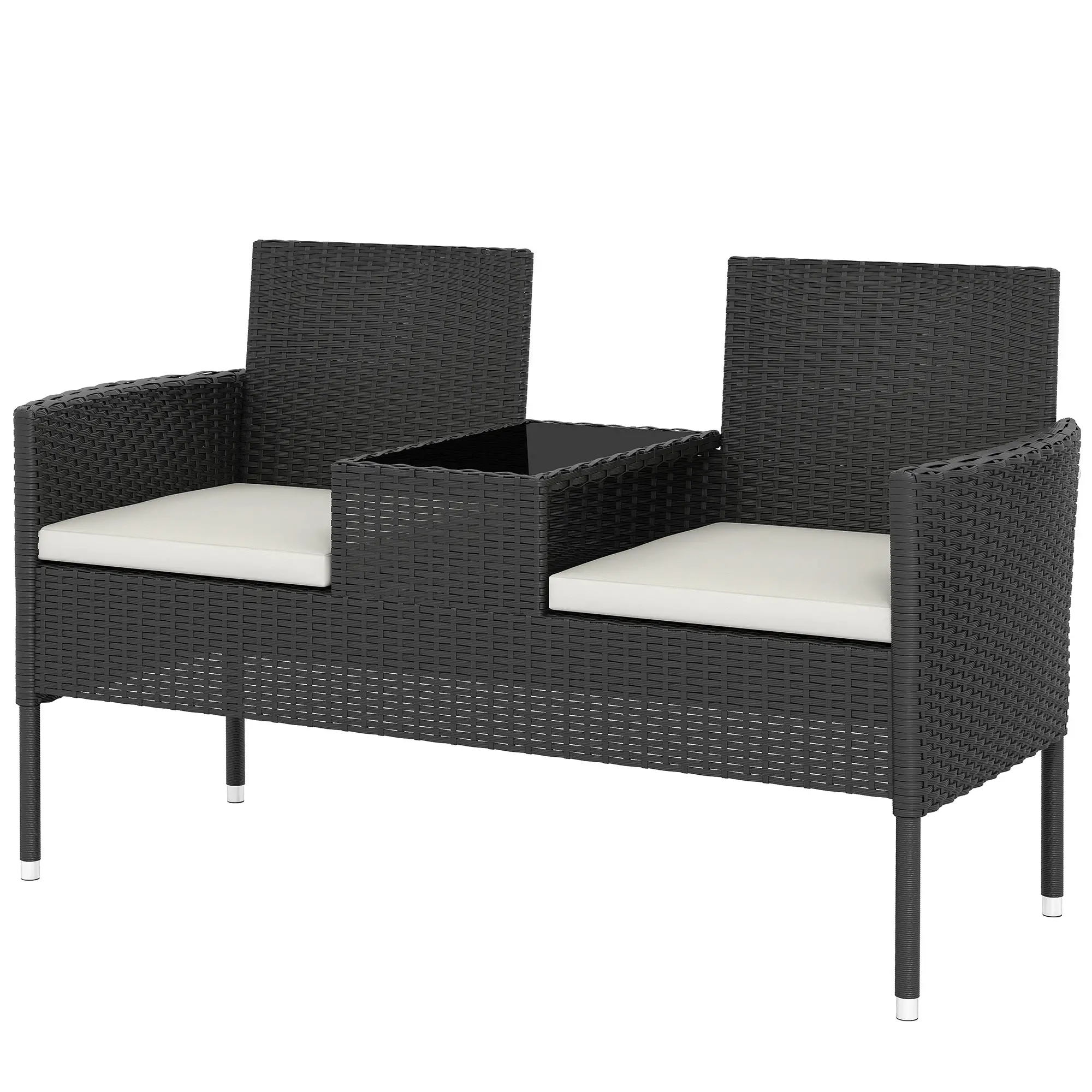 PE Rattan Loveseat with Cushion, Mid-Table, Cream White