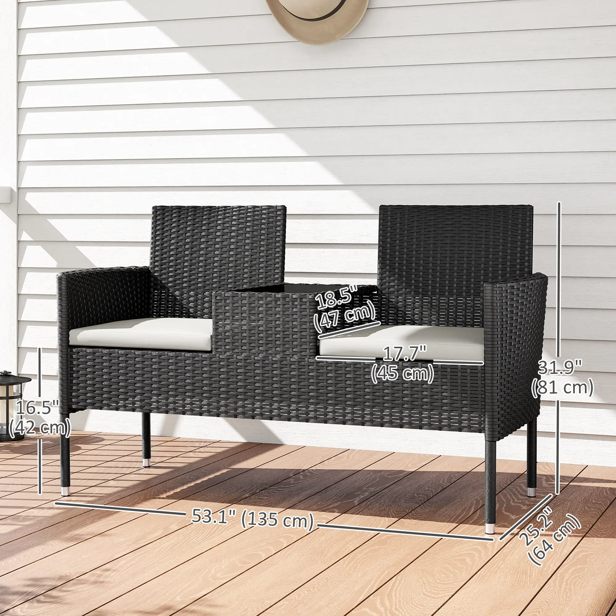 PE Rattan Loveseat with Cushion, Mid-Table, Cream White - Image 3