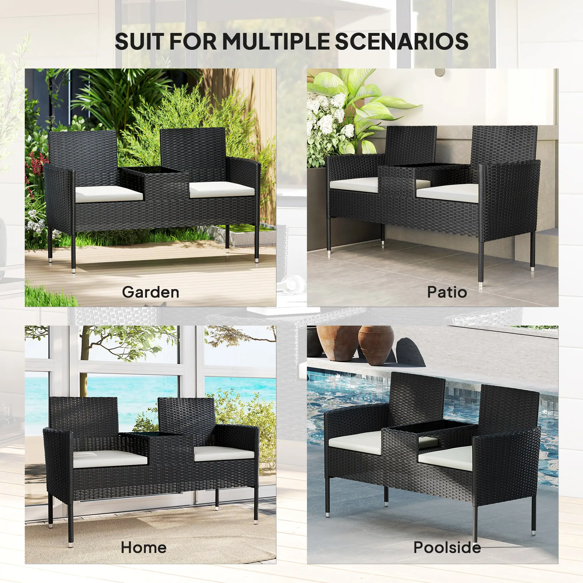 PE Rattan Loveseat with Cushion, Mid-Table, Cream White - Image 6