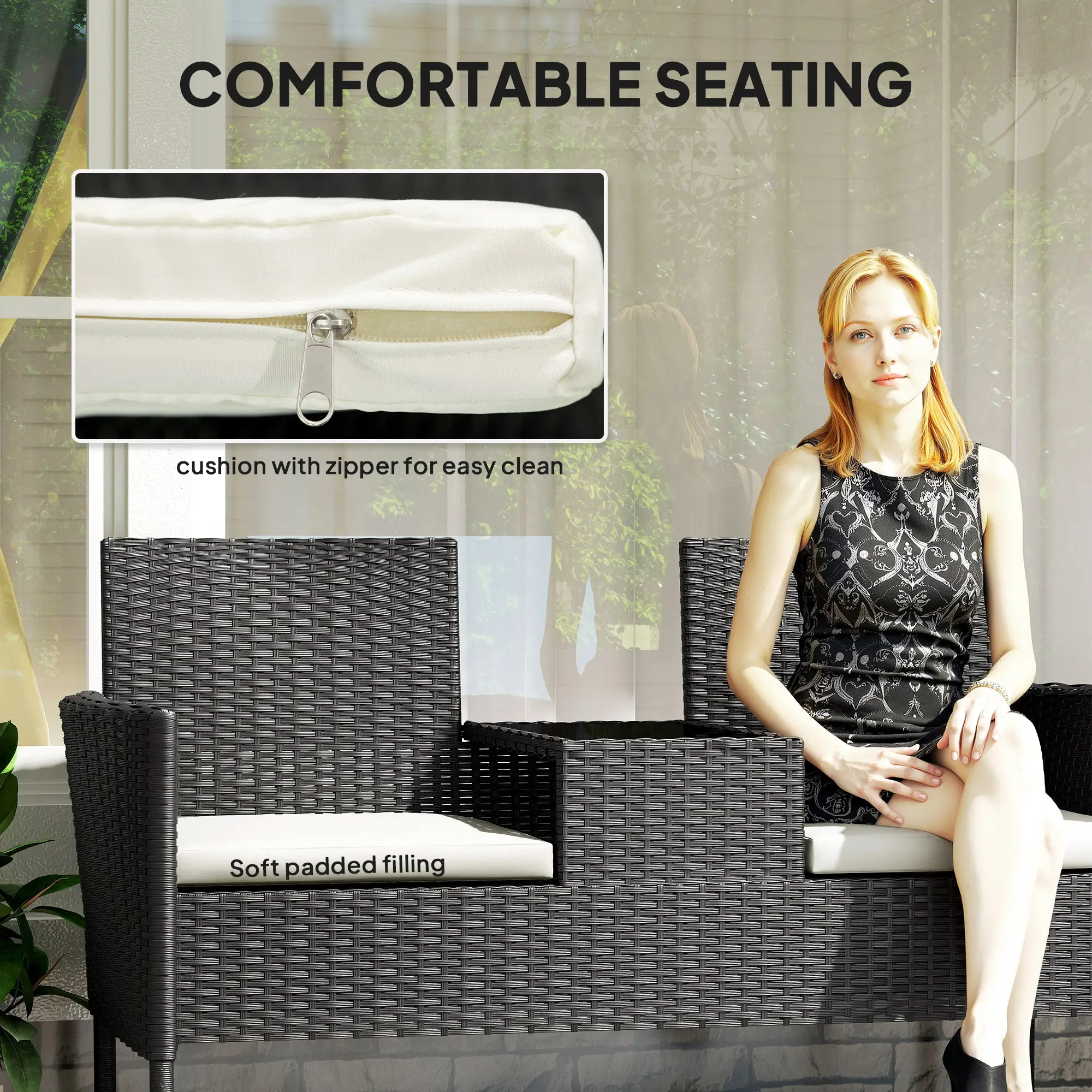 PE Rattan Loveseat with Cushion, Mid-Table, Cream White - Image 7