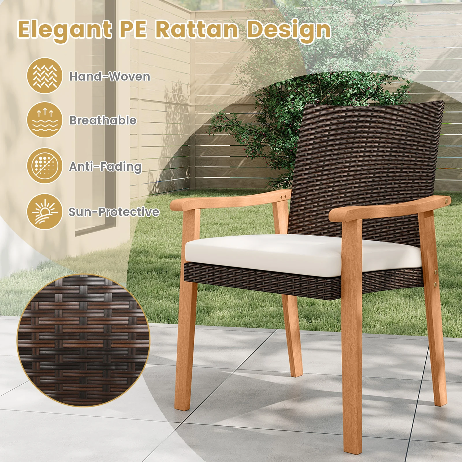 PE Rattan Outdoor Patio Dining Chair Set of 2 with Removable Cushion and Acacia Wood Armrests, White - Image 10