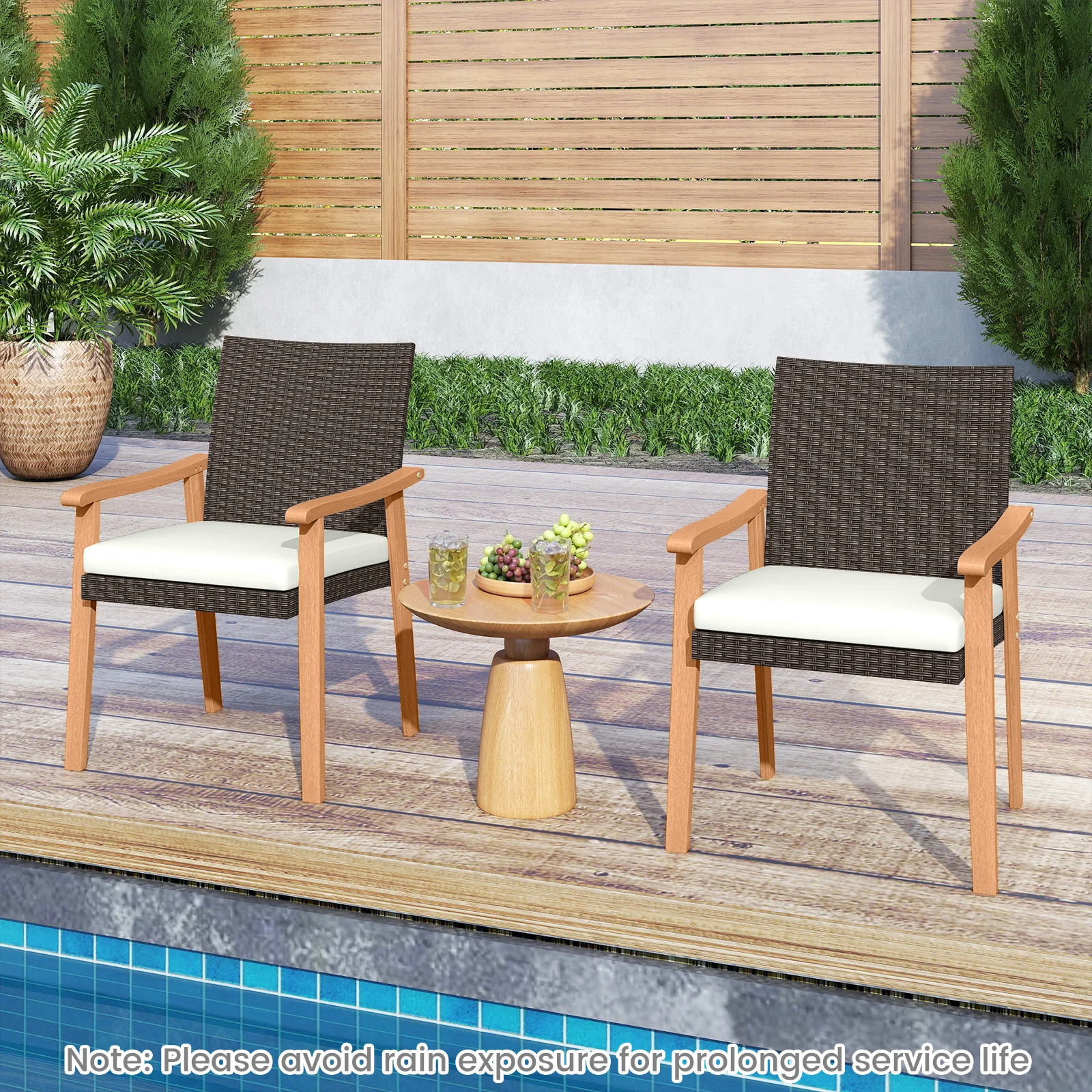 PE Rattan Outdoor Patio Dining Chair Set of 2 with Removable Cushion and Acacia Wood Armrests, White - Image 2