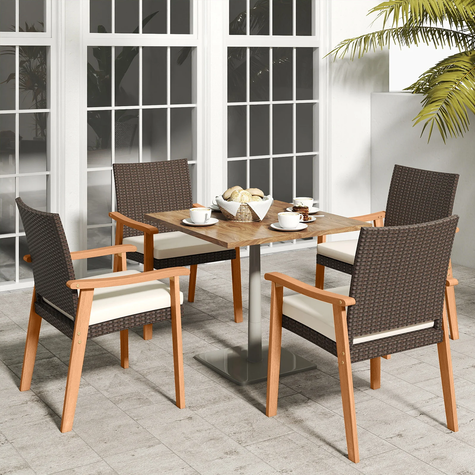 PE Rattan Outdoor Patio Dining Chair Set of 2 with Removable Cushion and Acacia Wood Armrests, White - Image 3