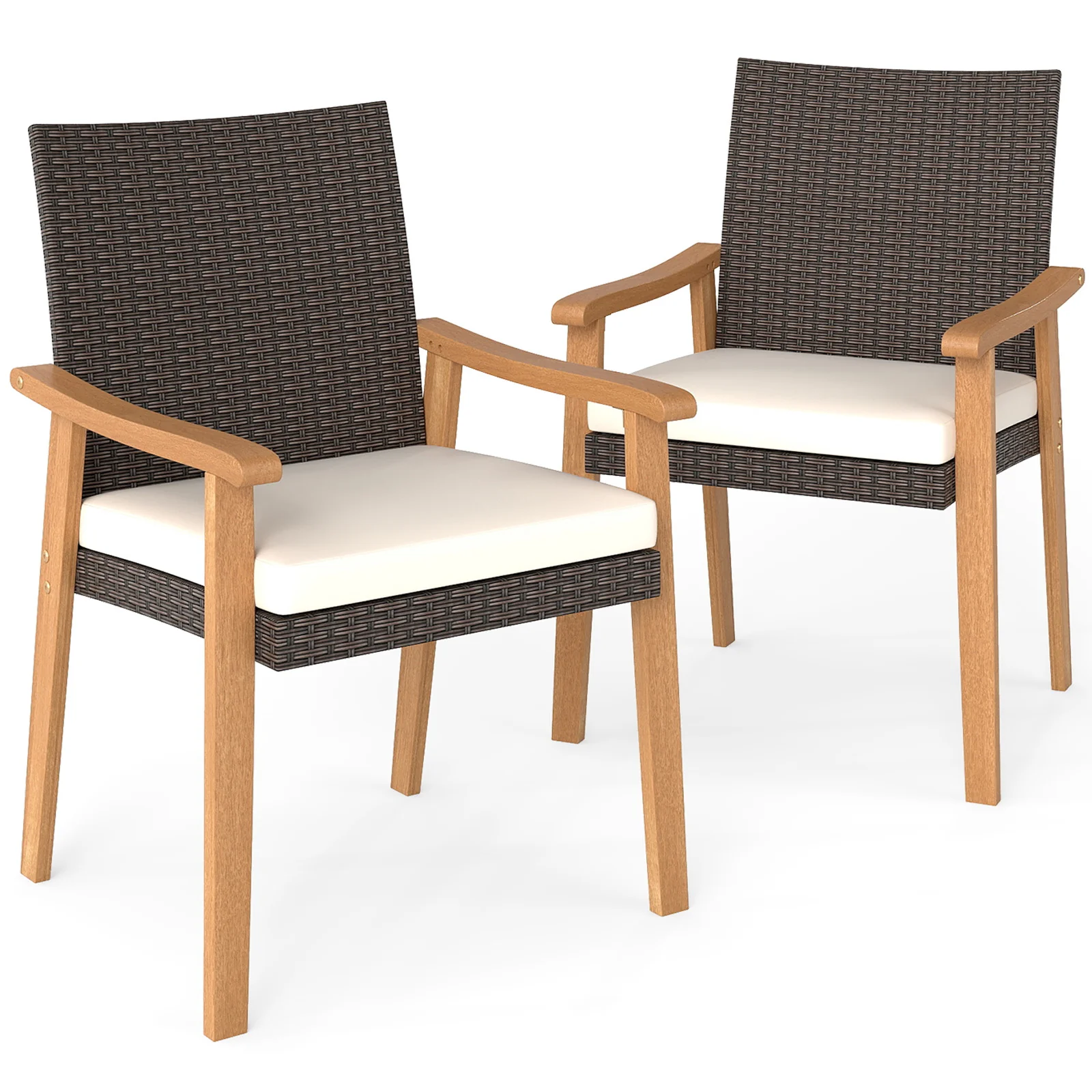 PE Rattan Outdoor Patio Dining Chair Set of 2 with Removable Cushion and Acacia Wood Armrests, White - Image 4