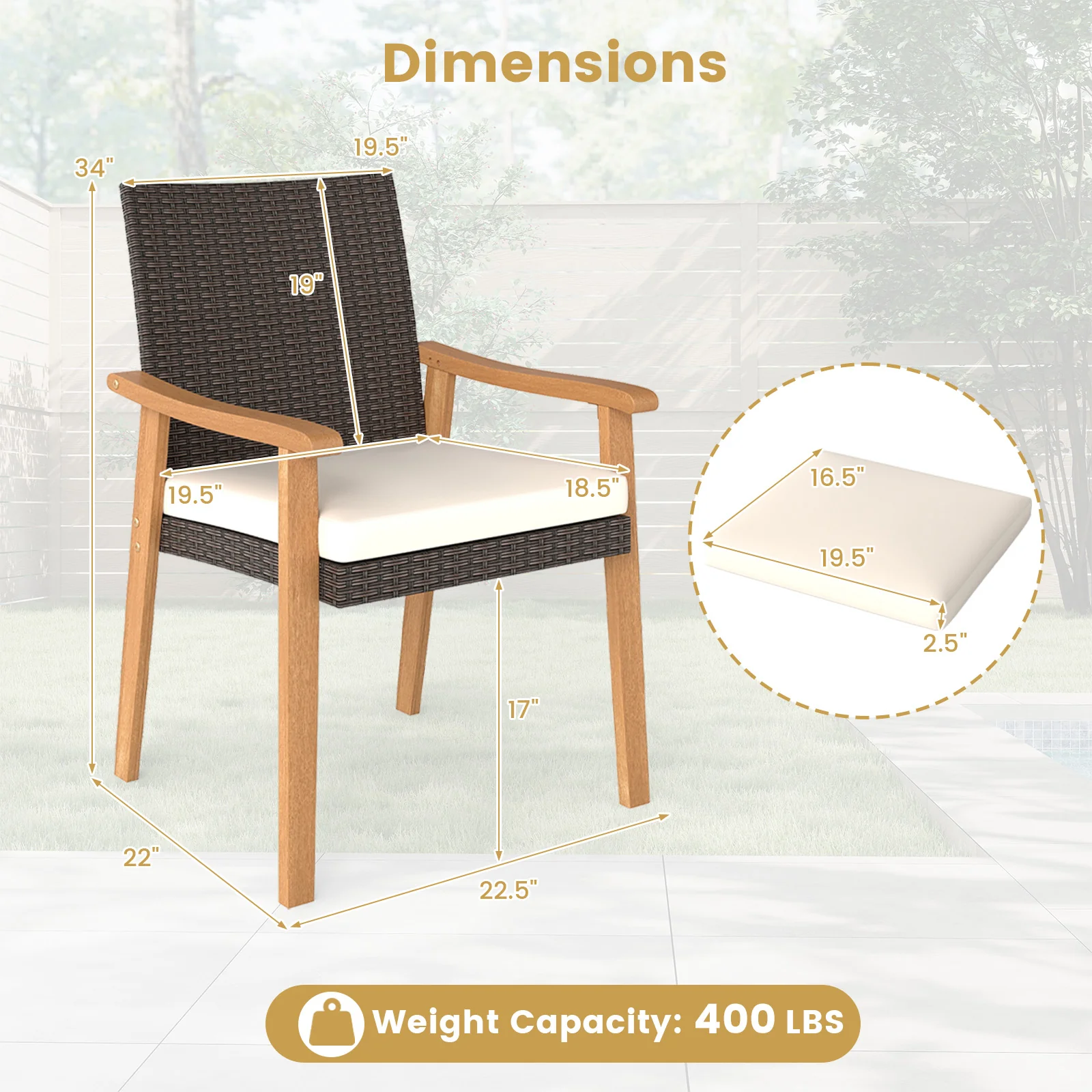 PE Rattan Outdoor Patio Dining Chair Set of 2 with Removable Cushion and Acacia Wood Armrests, White - Image 5