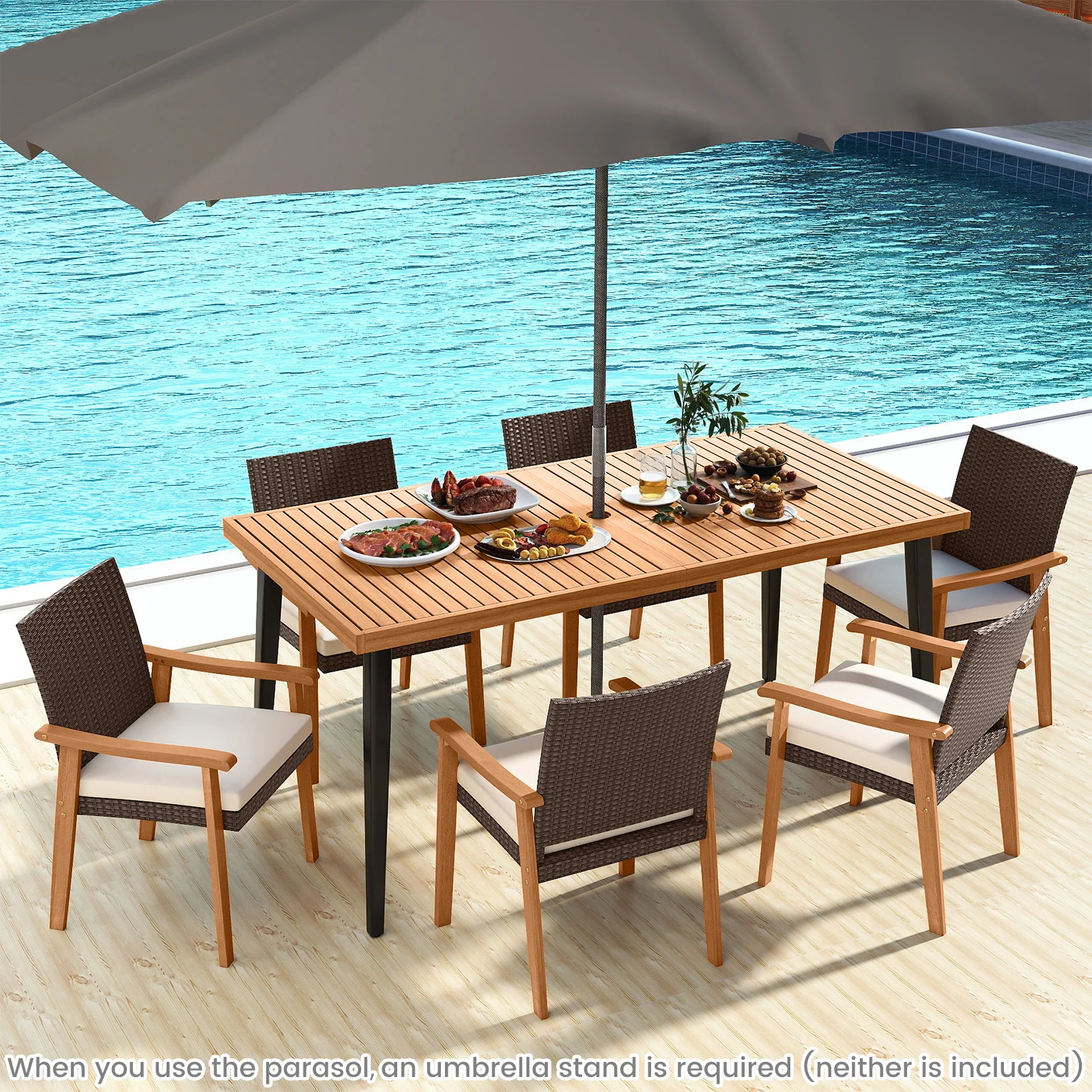 PE Rattan Outdoor Patio Dining Chair Set of 2 with Removable Cushion and Acacia Wood Armrests, White - Image 6