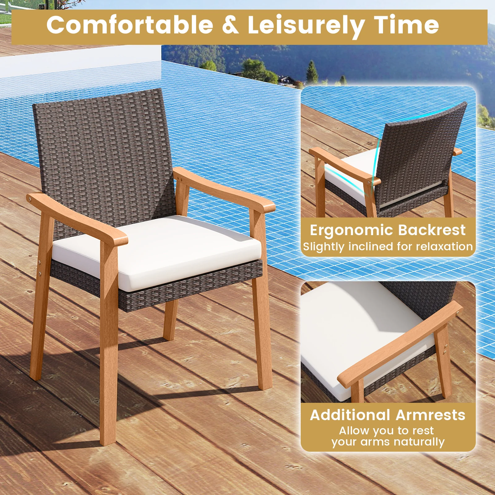 PE Rattan Outdoor Patio Dining Chair Set of 2 with Removable Cushion and Acacia Wood Armrests, White - Image 7