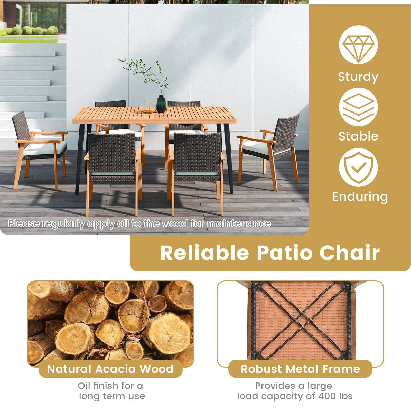 PE Rattan Outdoor Patio Dining Chair Set of 2 with Removable Cushion and Acacia Wood Armrests, White - Image 9