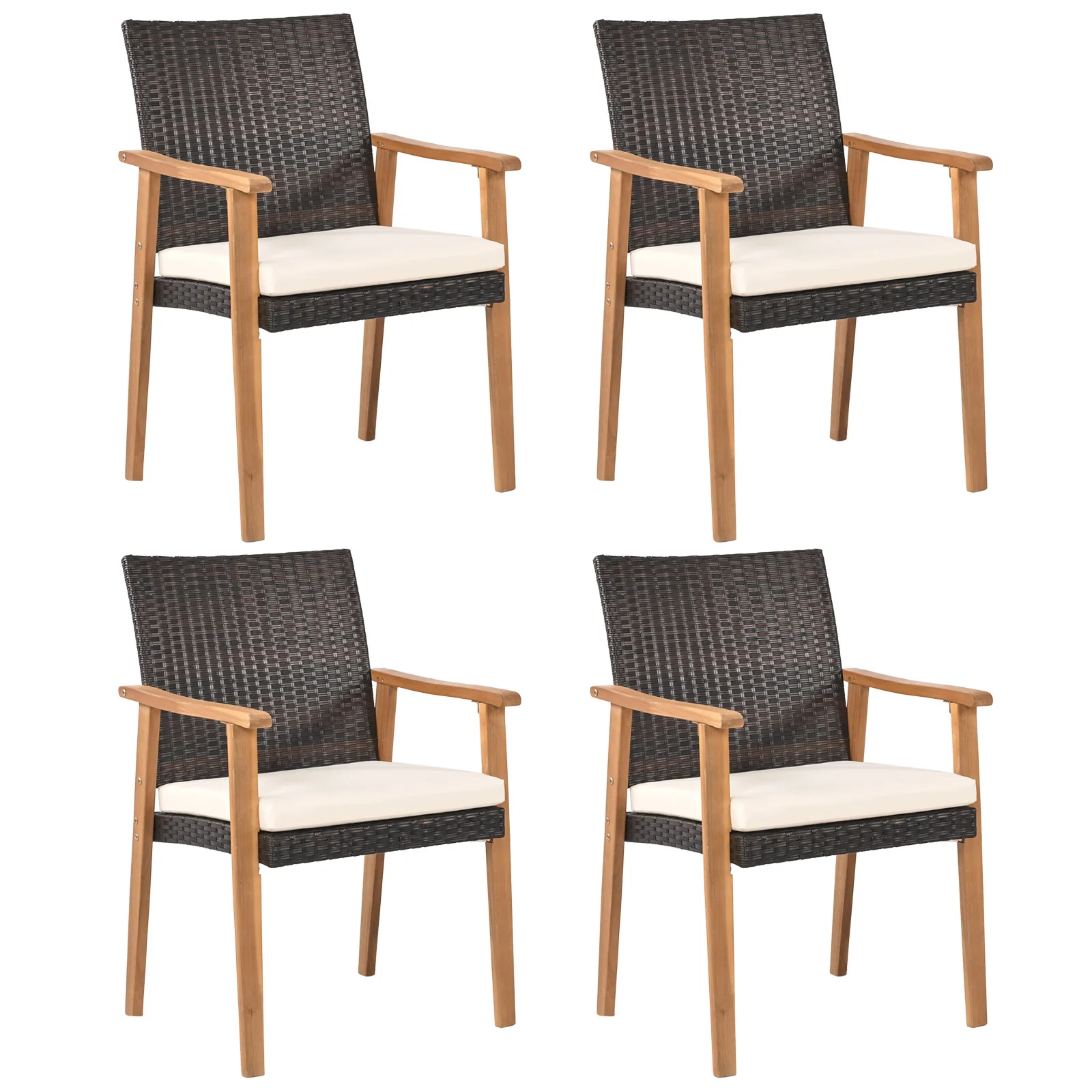 PE Rattan Outdoor Patio Dining Chair Set of 4 with Removable Cushion and Acacia Wood Armrests, White